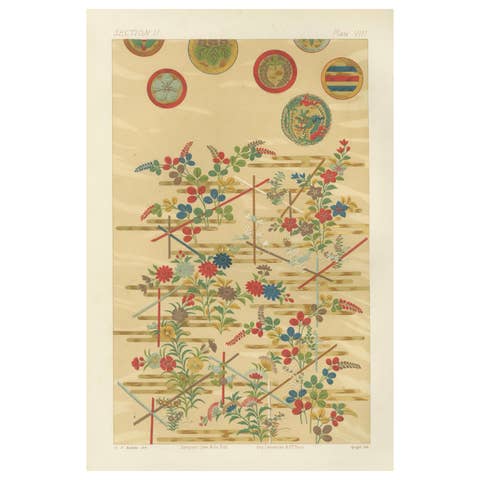 Japanese Floral Motifs on Golden Background: Antique Lithograph, 1880s