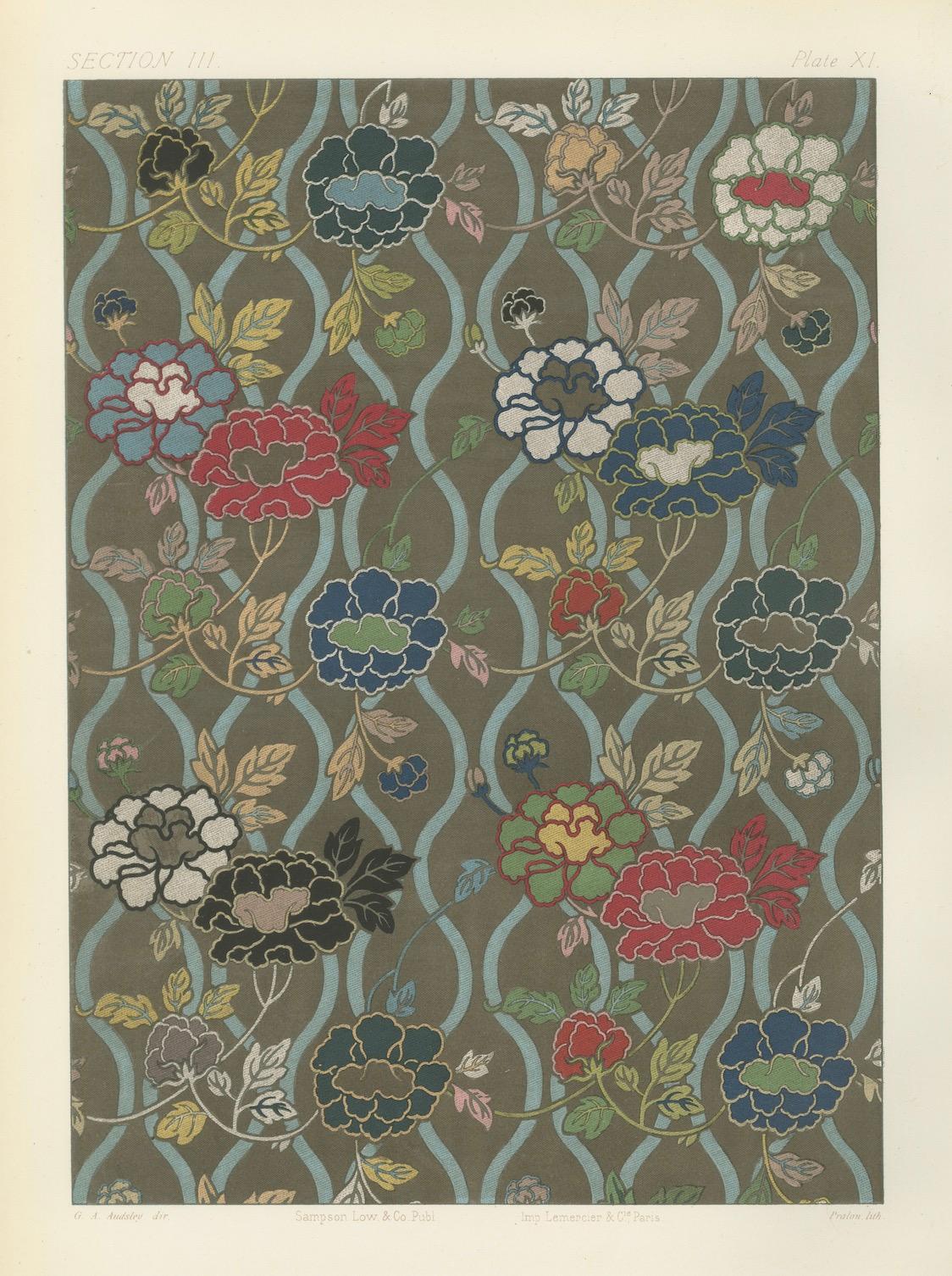 Japanischer floraler Textildruck von G. A. Audsley, Paris, um 1882 im Angebot 2