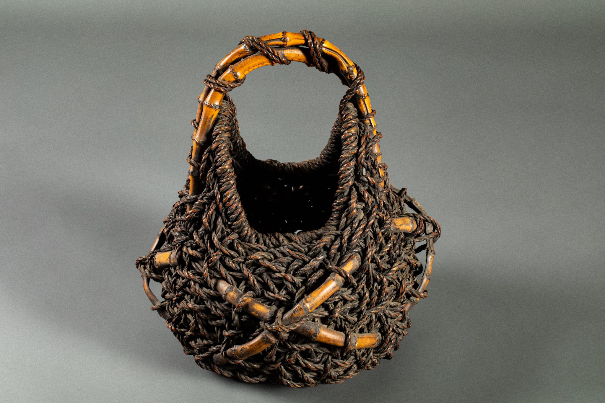 Bamboo construction with twisted rope design. Artist signature reads: Chikubi-Sai (opening measures: 6 1/4