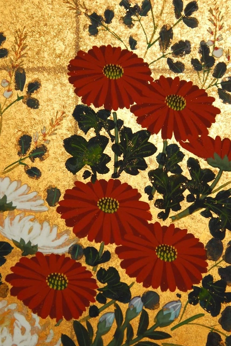 Japanese Flower Vase on Gold Leaf Byobu Screen at 1stDibs