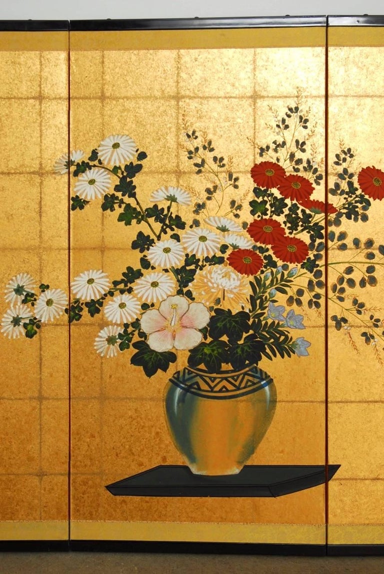 Japanese Flower Vase on Gold Leaf Byobu Screen at 1stDibs