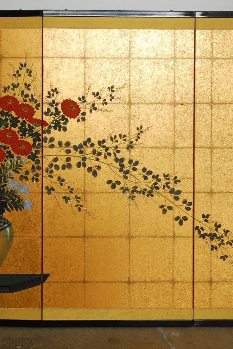 Japanese Flower Vase on Gold Leaf Byobu Screen at 1stDibs