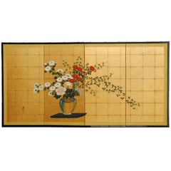 Japanese Flower Vase on Gold Leaf Byobu Screen
