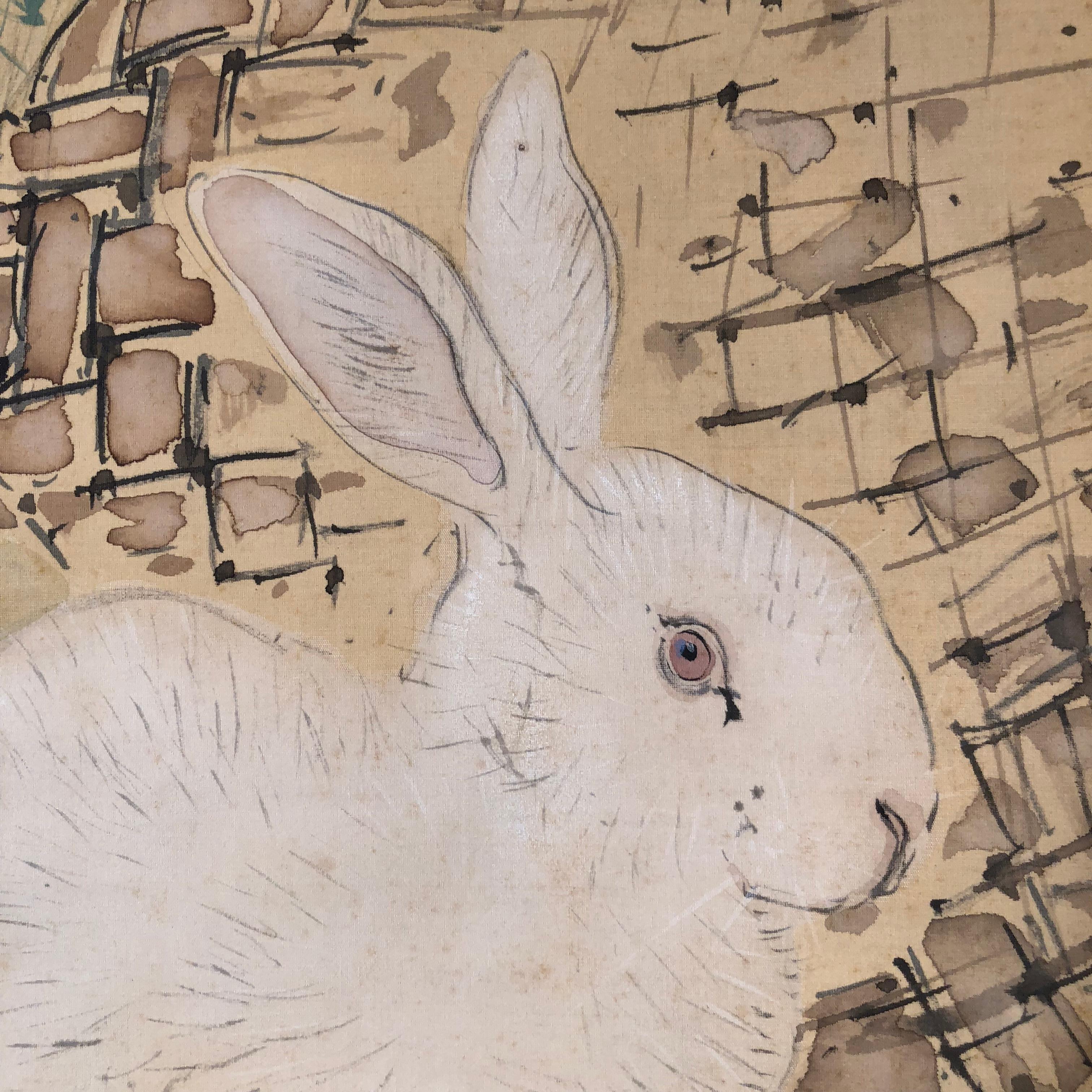Hand-Painted Japanese Rabbit & Basket Antique Scroll
