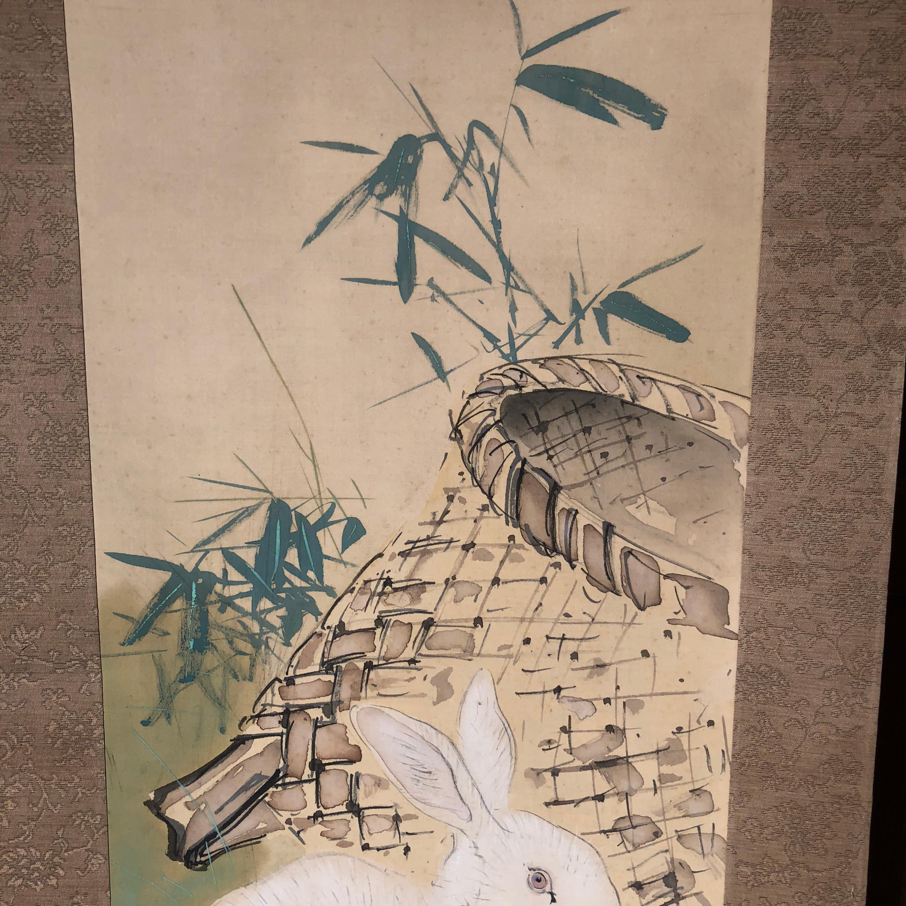 Japanese Rabbit & Basket Antique Scroll In Good Condition In South Burlington, VT