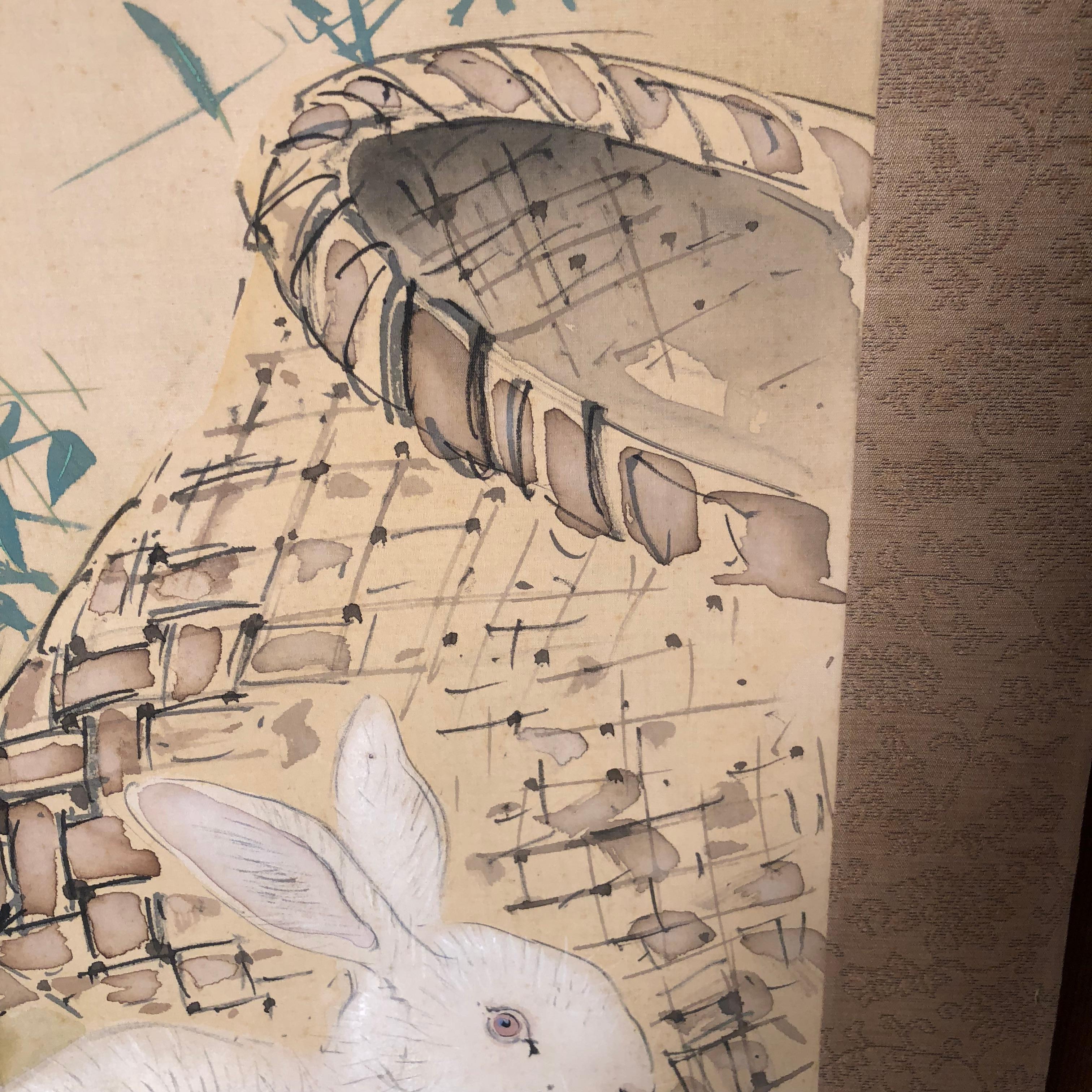20th Century Japanese Rabbit & Basket Antique Scroll