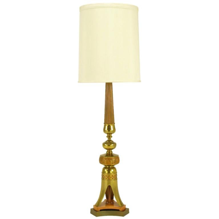 Japanese Fluted Wood & Brass Reverse Trefoil Base Table Lamp