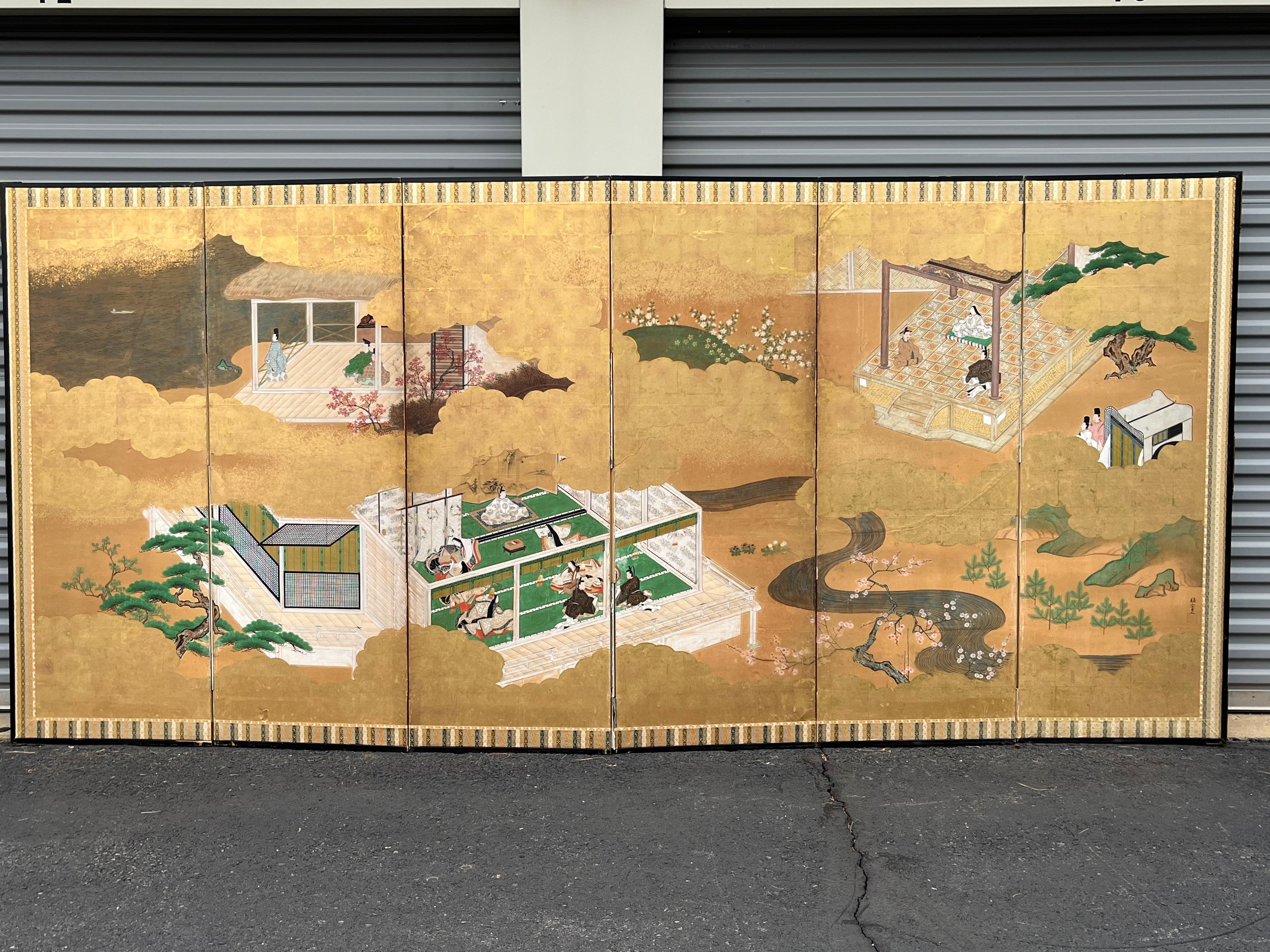 A Japanese 19th century 6-panel folding screen in gold leaf and watercolor on paper, depicting scenes of the life of Genji. Sold at Sotheby's Oct. 17, 2015.