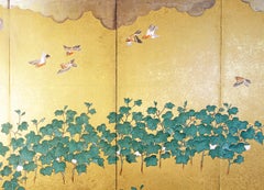 Japanese Folding Screen, Antique Asian Landscape, Birds, Gold, Silver, Design