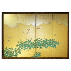 Japanese Folding Screen, Antique Asian Landscape, Birds, Gold, Silver, Design
