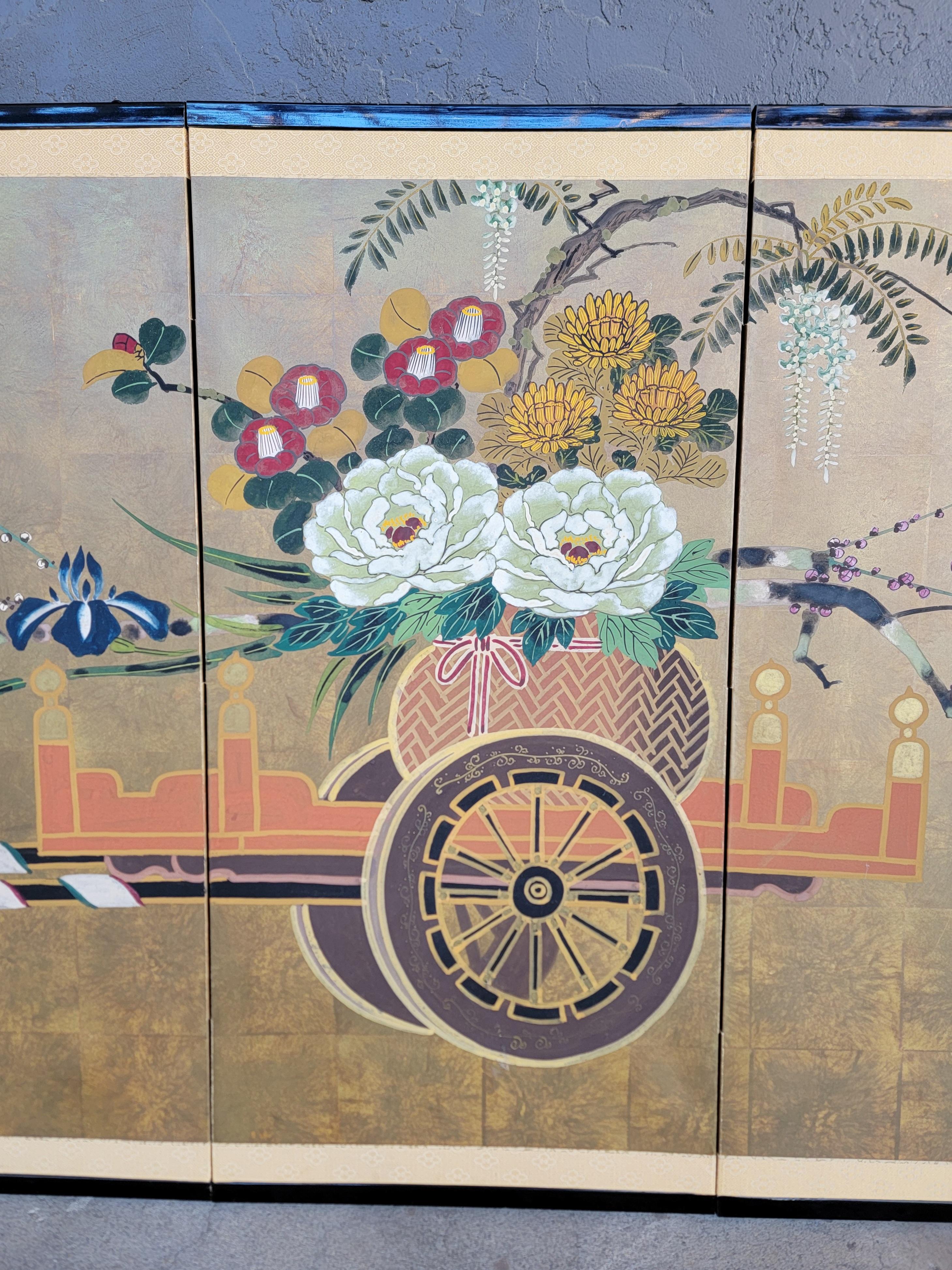 Japanischer Folding Screen Blumenwagen Showa Periode im Angebot 5