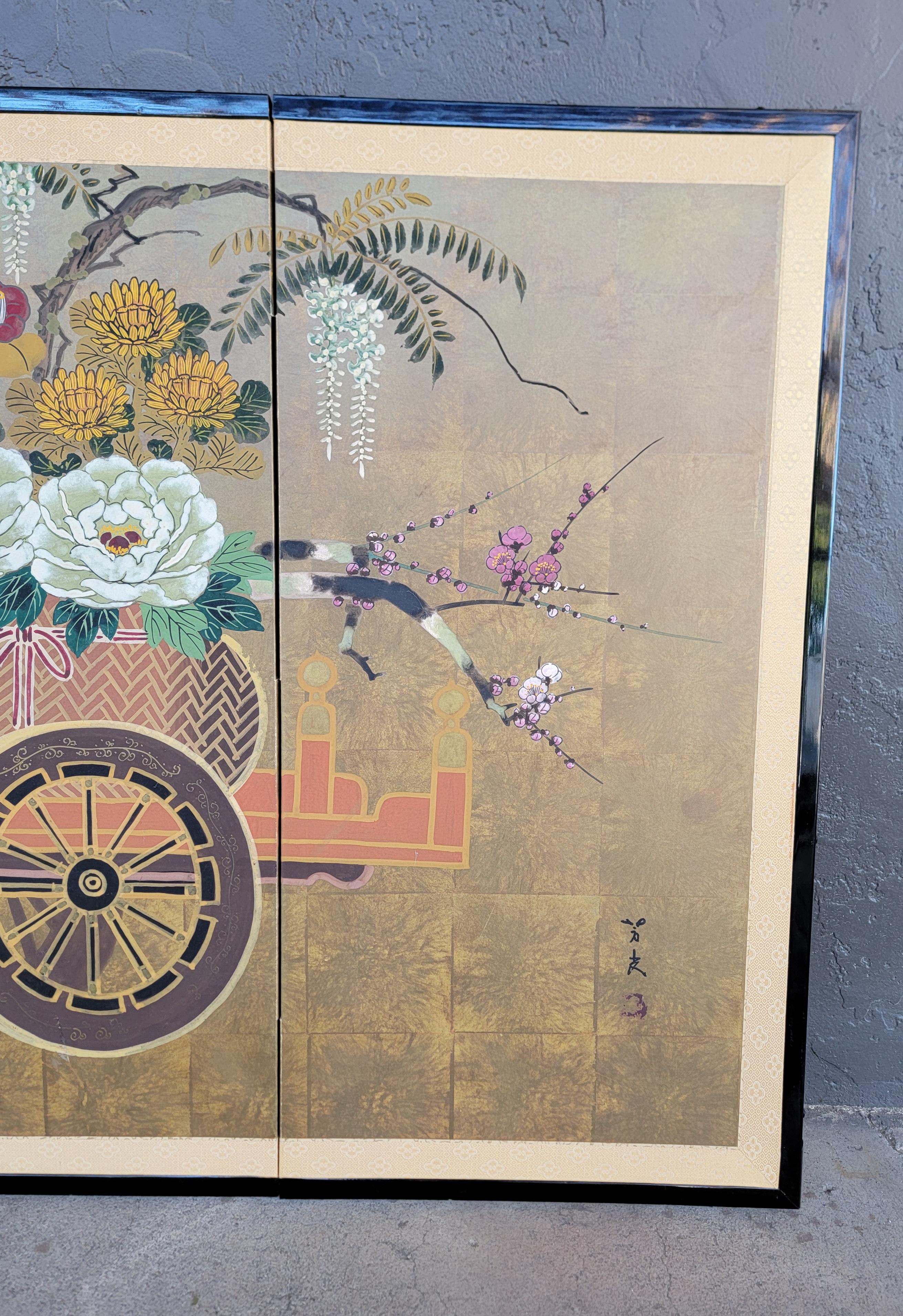 Japanischer Folding Screen Blumenwagen Showa Periode im Angebot 6
