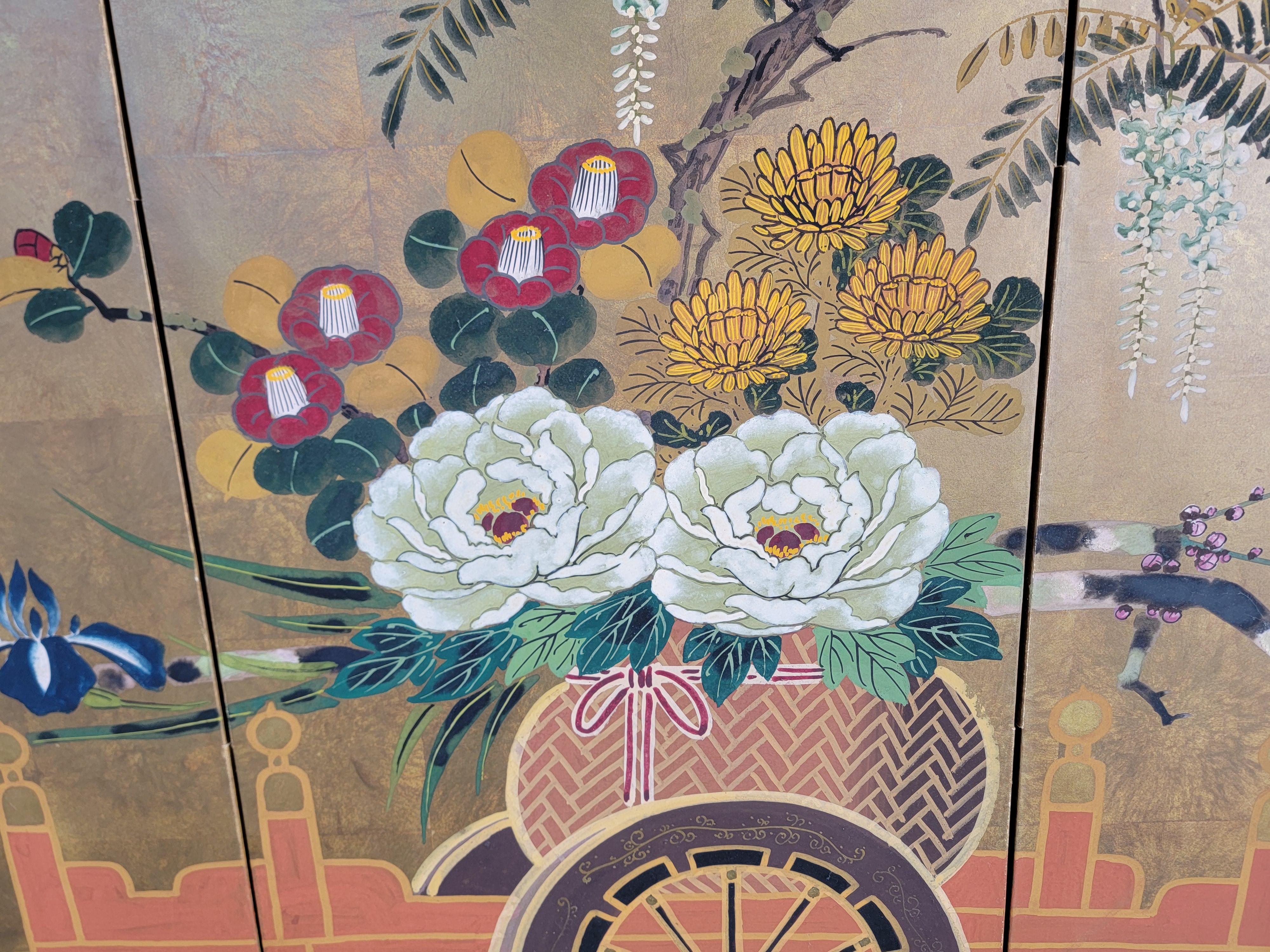 Japanischer Folding Screen Blumenwagen Showa Periode (Lackiert) im Angebot