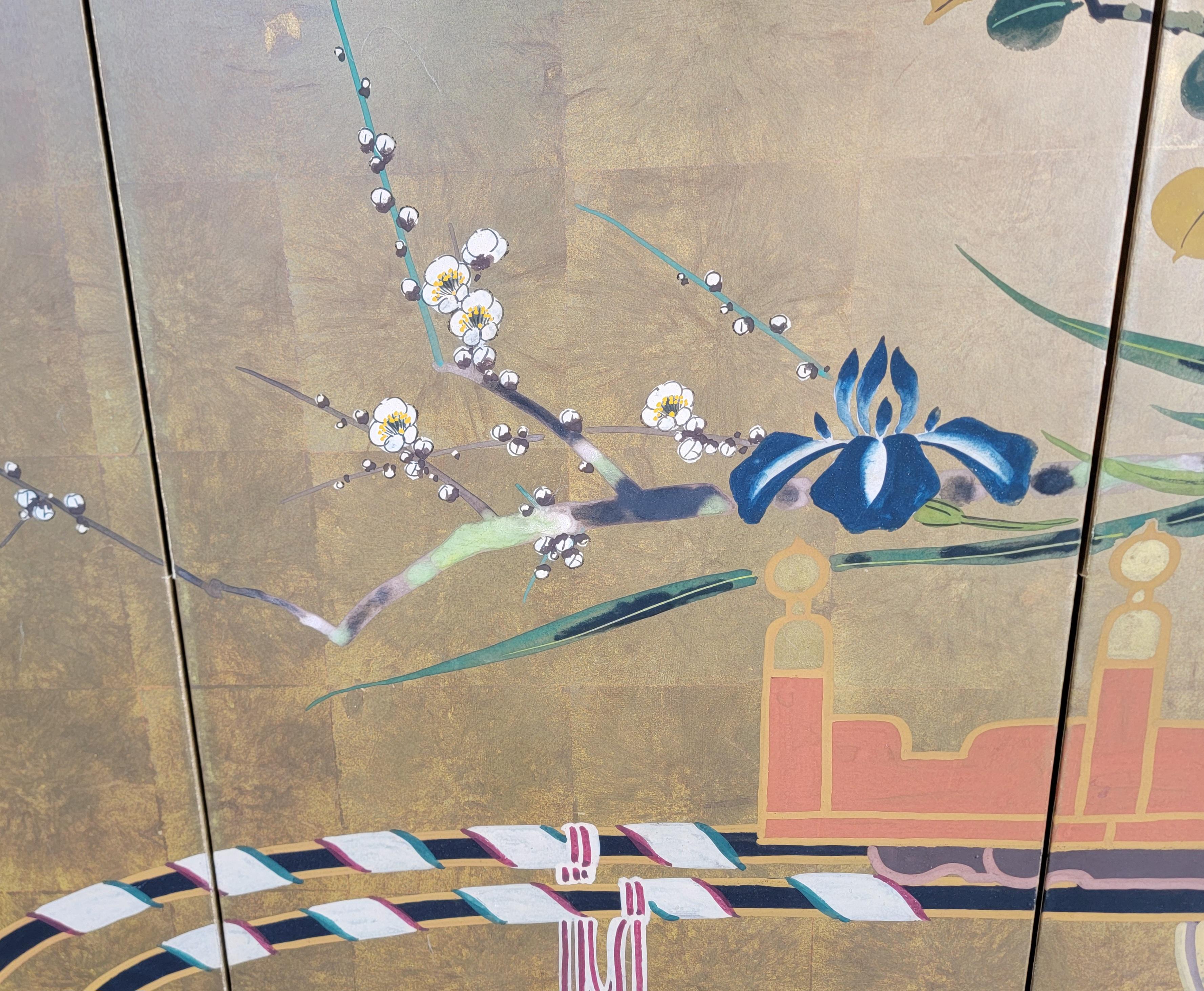Japanischer Folding Screen Blumenwagen Showa Periode im Zustand „Gut“ im Angebot in Fulton, CA