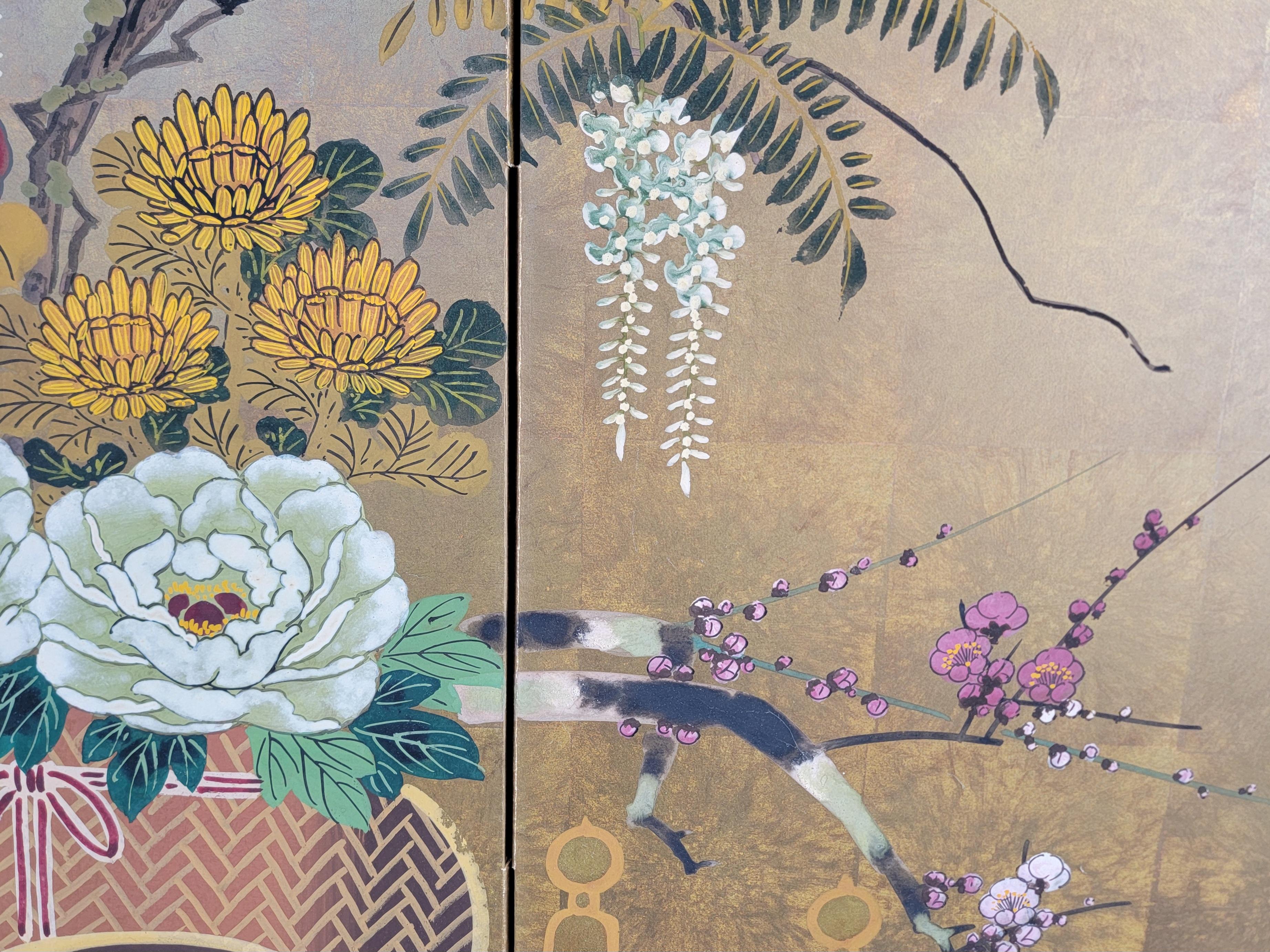 Japanischer Folding Screen Blumenwagen Showa Periode (20. Jahrhundert) im Angebot