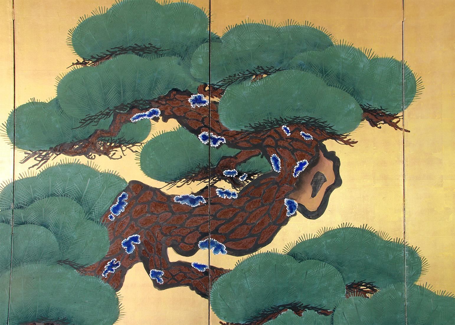 Meiji Japanese Folding Screen four Panels painted on gold leaf -Japanese Byobu