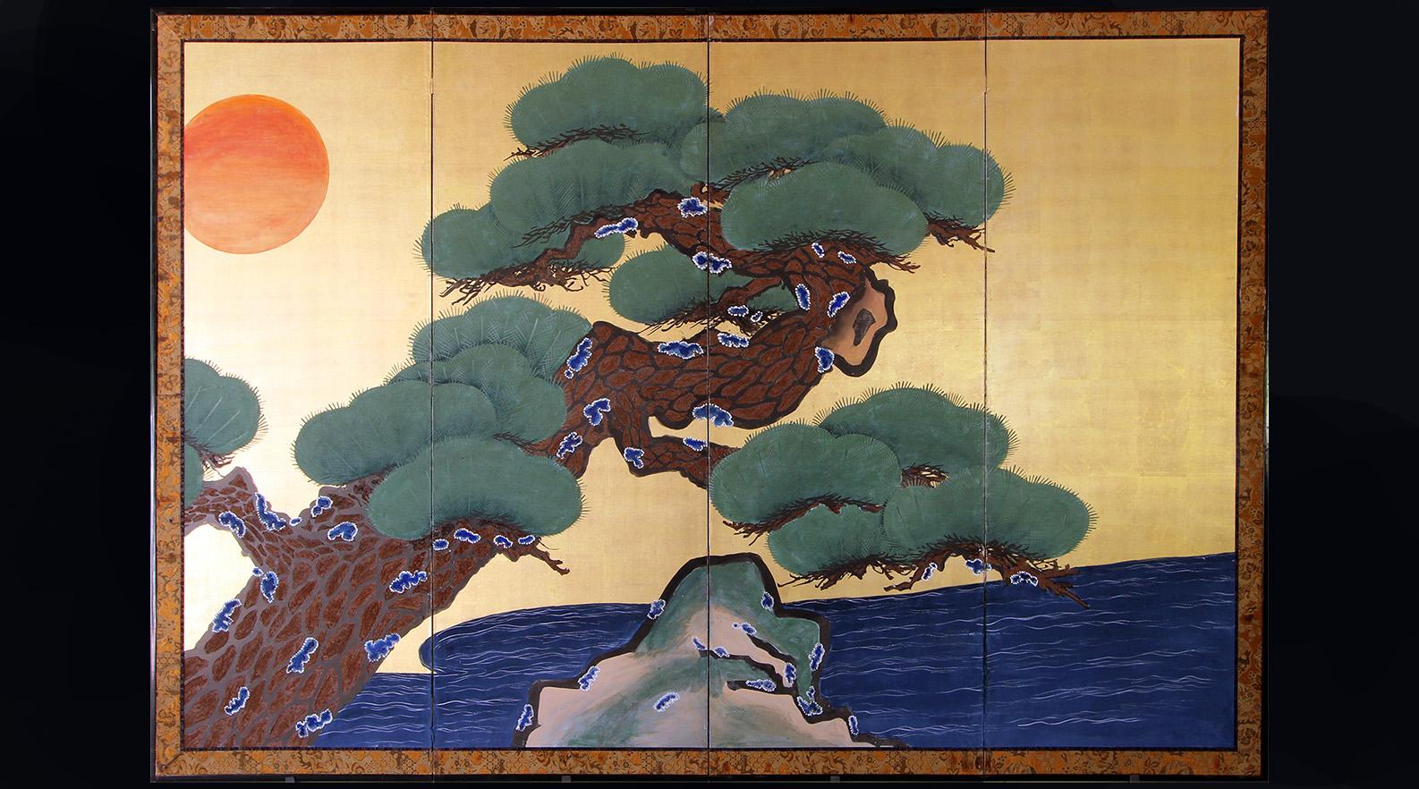 Hand-Painted Japanese Folding Screen four Panels painted on gold leaf -Japanese Byobu