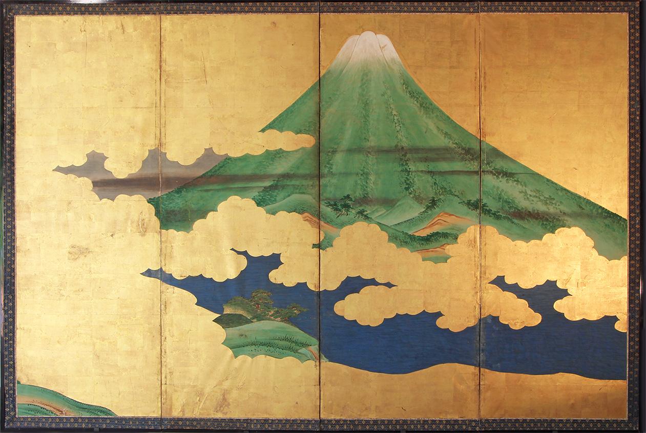Byobu ha dipinto con pigmenti minerali su foglia d'oro; la qualità del dipinto è ancora eccellente, senza perdite di colore o restauri.
Un classico schermo a quattro pannelli che raffigura il Monte Fuji in tutta la sua imponenza, ora in versione