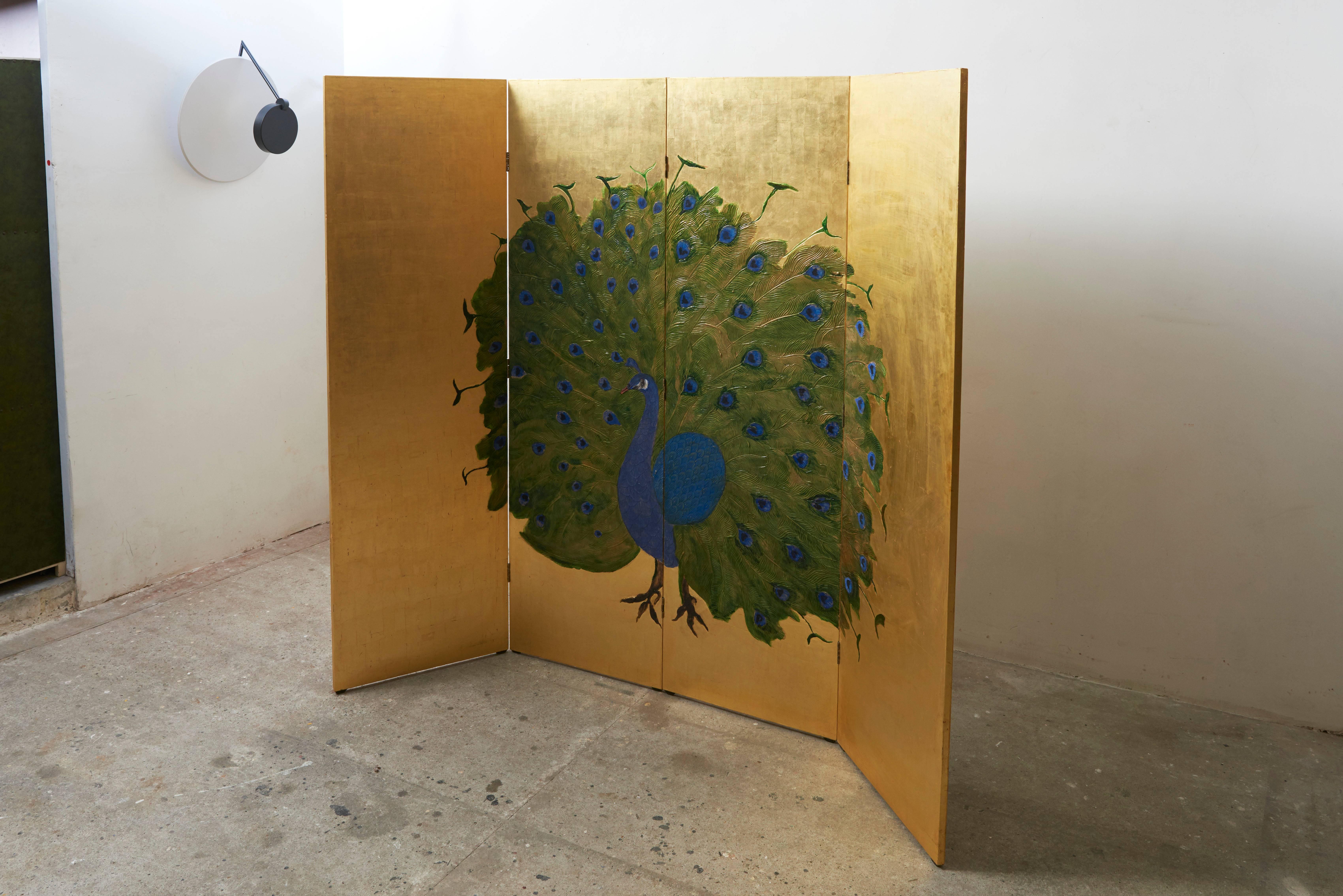 A beautiful double-sided Japanese four-panel screen with a blue peacock in full regalia and a gilt background, on the other side of the screen painted with a Bonsai tree, so it is possible to create two separate natural atmospheres in your interior
