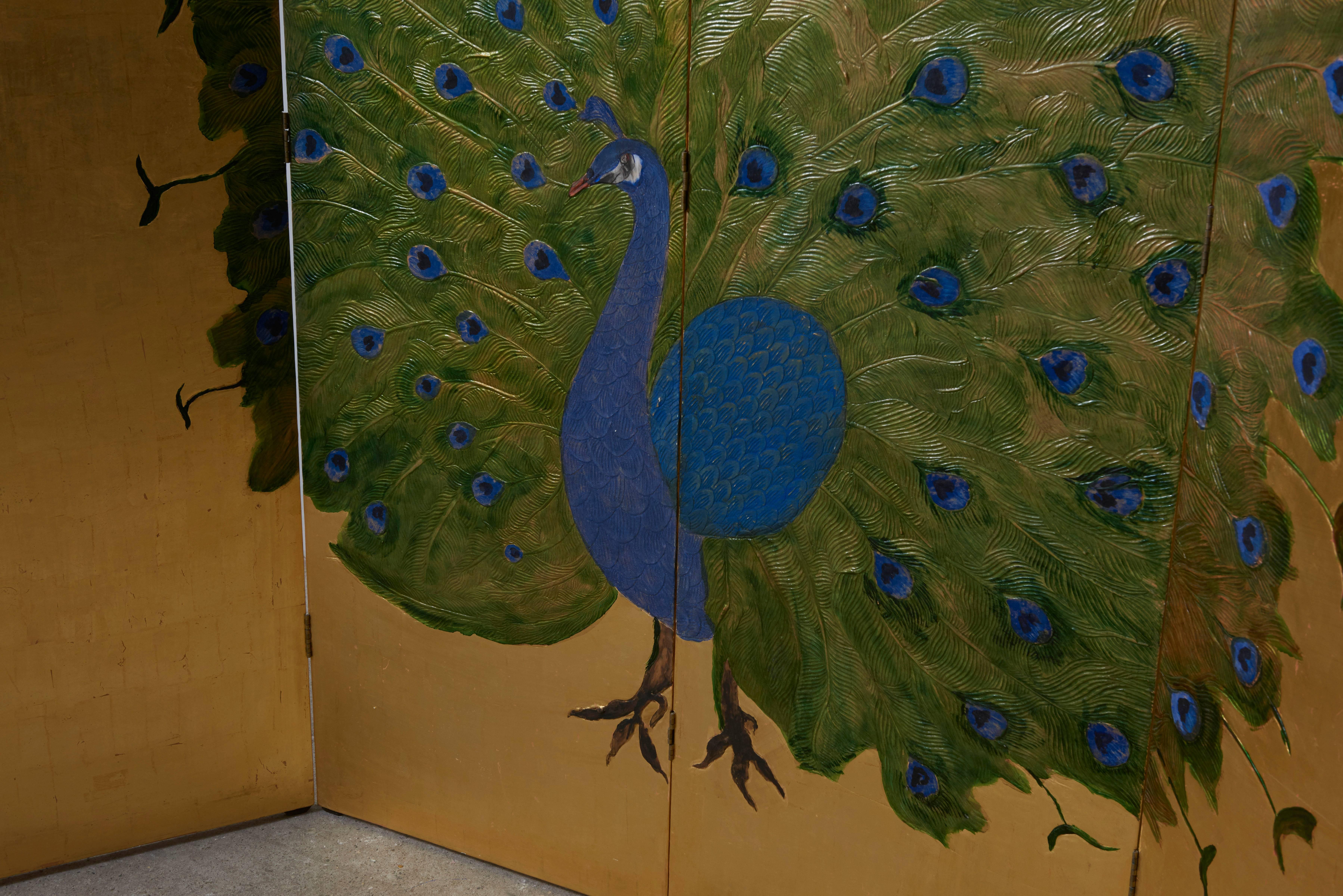 Mid-Century Modern Japanese Folding Screen in Wood Decorated with a Peacock in Gold and Blue, 1980s