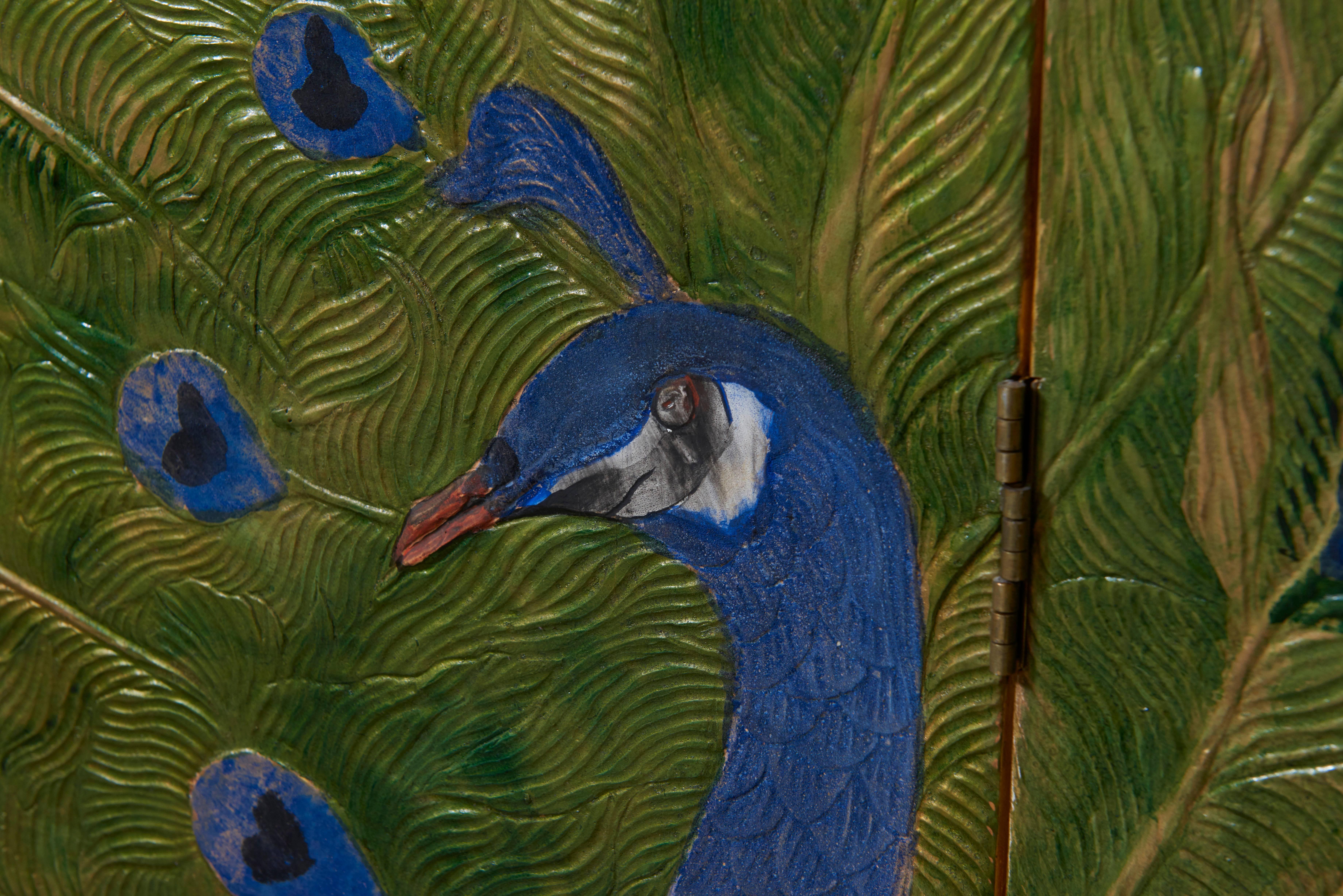Hand-Crafted Japanese Folding Screen in Wood Decorated with a Peacock in Gold and Blue, 1980s
