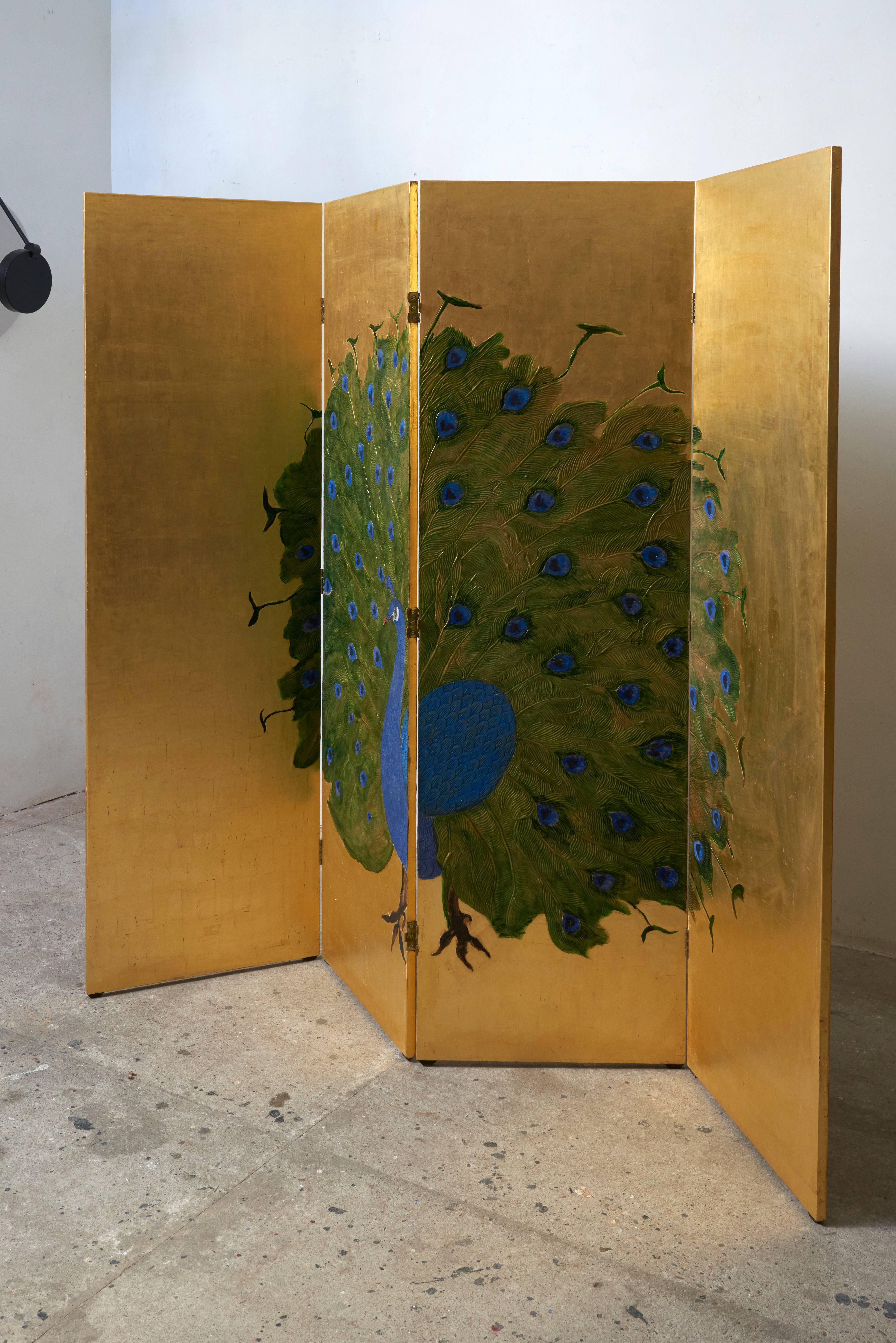Late 20th Century Japanese Folding Screen in Wood Decorated with a Peacock in Gold and Blue, 1980s