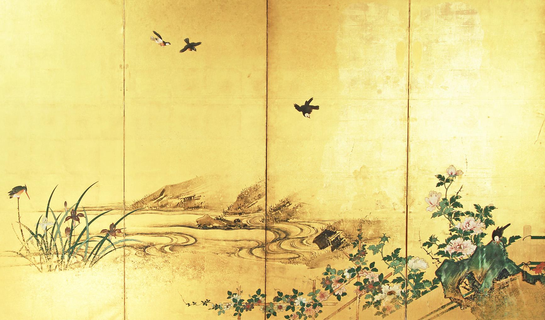 Biombo que representa un paisaje, obra de un pintor de la escuela Rinpa, principios del siglo XIX.
Seis paneles pintados a tinta sobre pan de oro y 