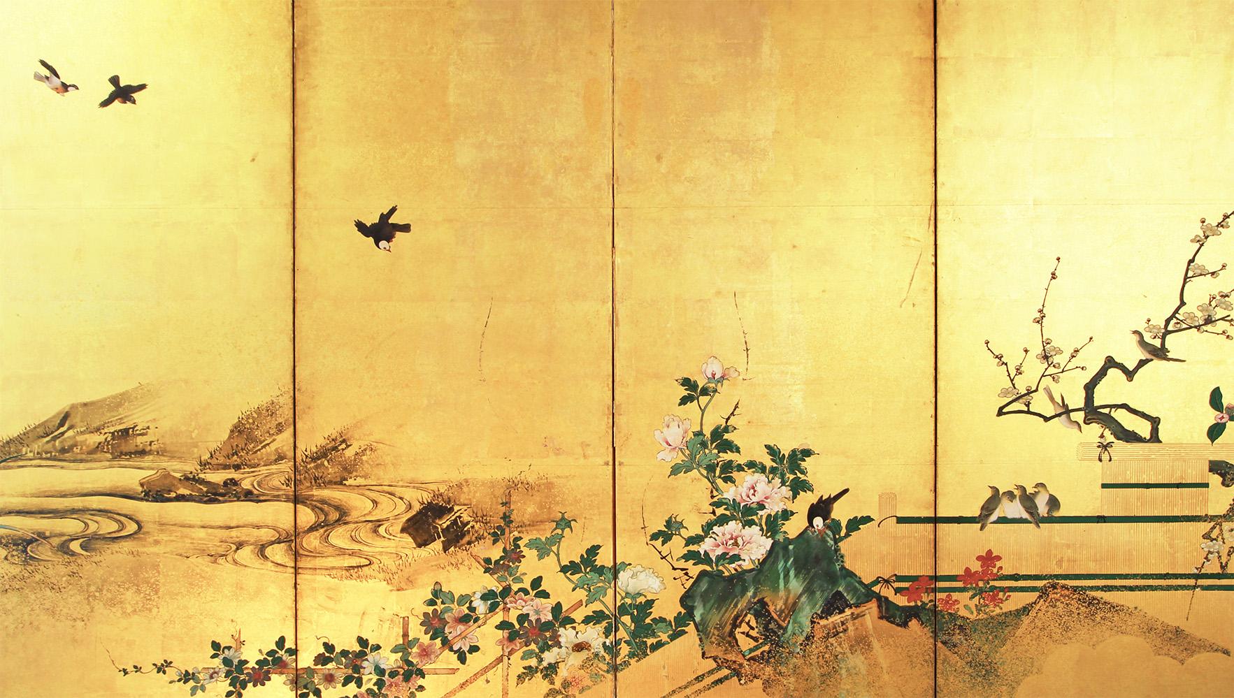 Biombo japonés Paisaje pintado sobre pan de oro Seis paneles Edo en venta
