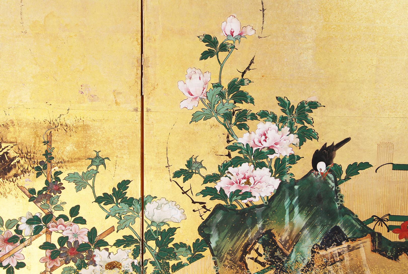Biombo japonés Paisaje pintado sobre pan de oro Seis paneles Pintado a mano en venta