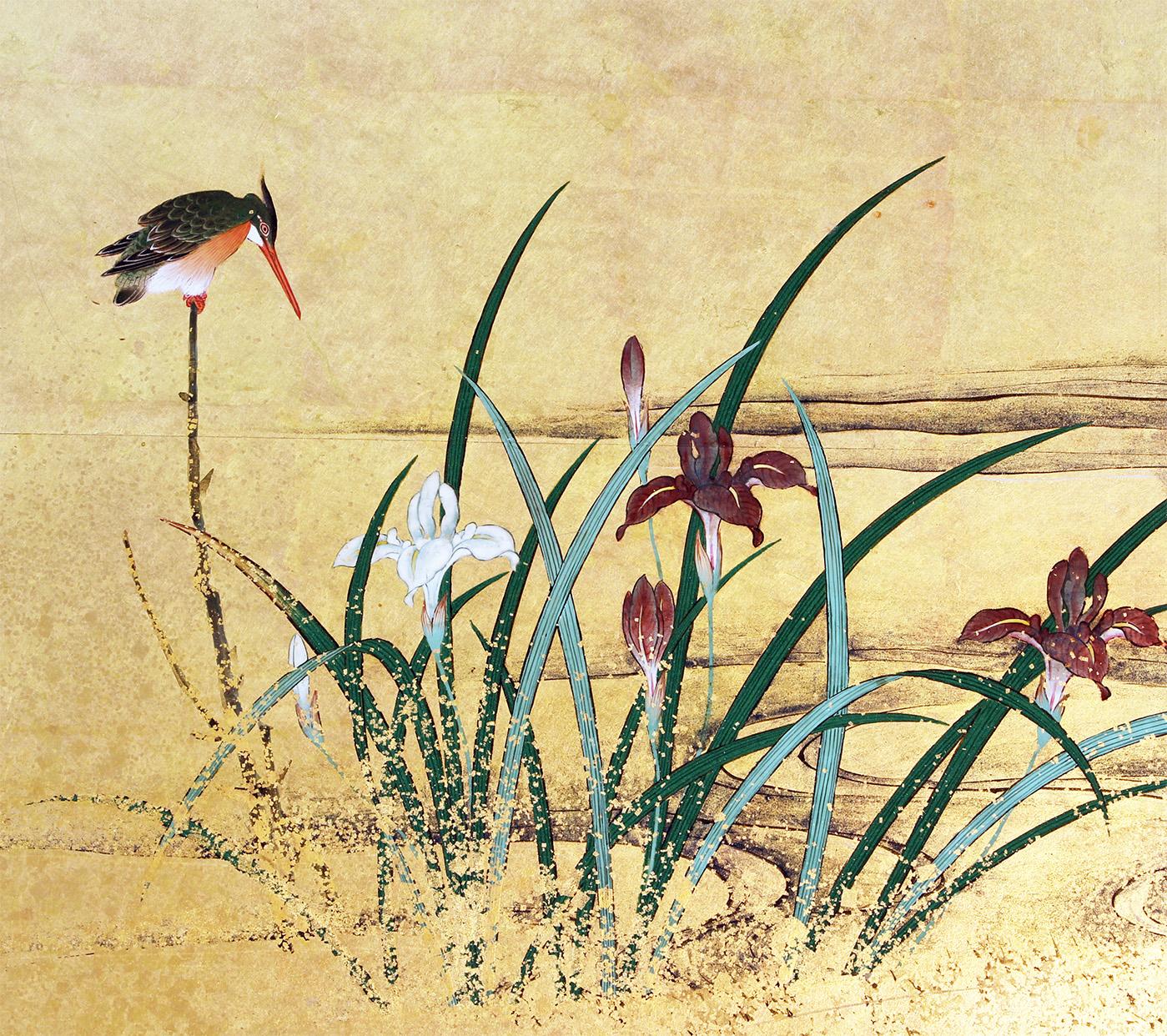 Biombo japonés Paisaje pintado sobre pan de oro Seis paneles en Bueno estado para la venta en Brescia, IT