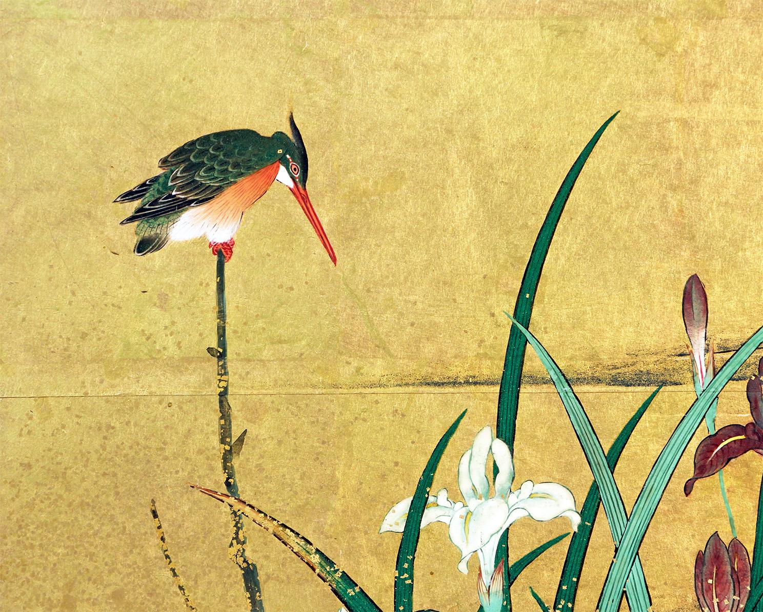 Biombo japonés Paisaje pintado sobre pan de oro Seis paneles Seda en venta