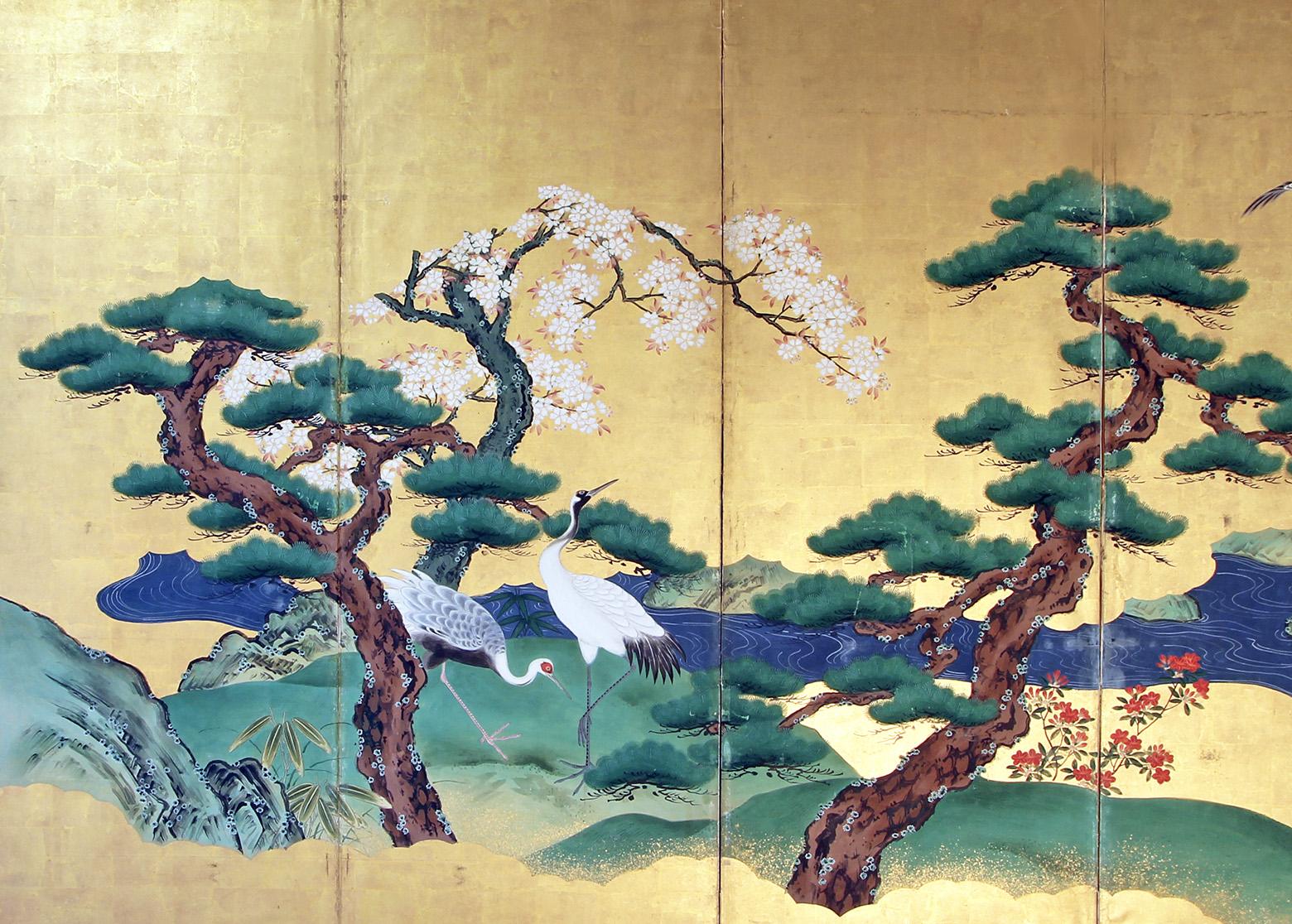 Edo Japanese Folding Screen Six Panels Painted on Gold Leaf For Sale