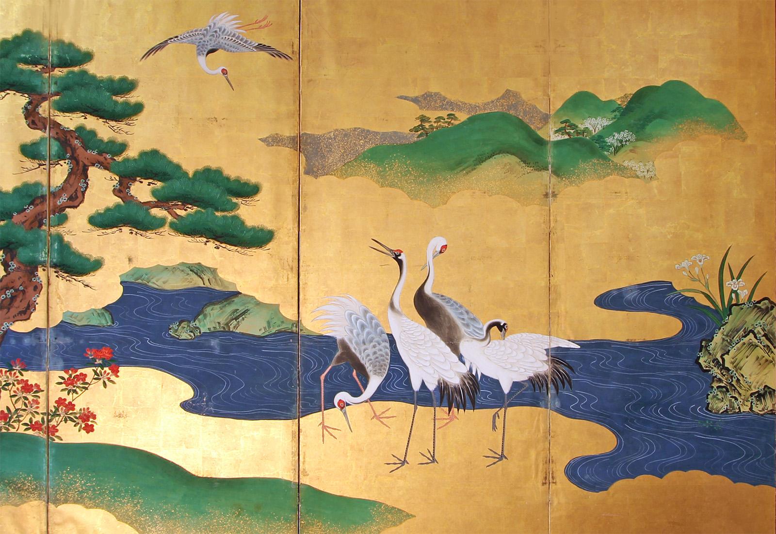 Hand-Painted Japanese Folding Screen Six Panels Painted on Gold Leaf For Sale