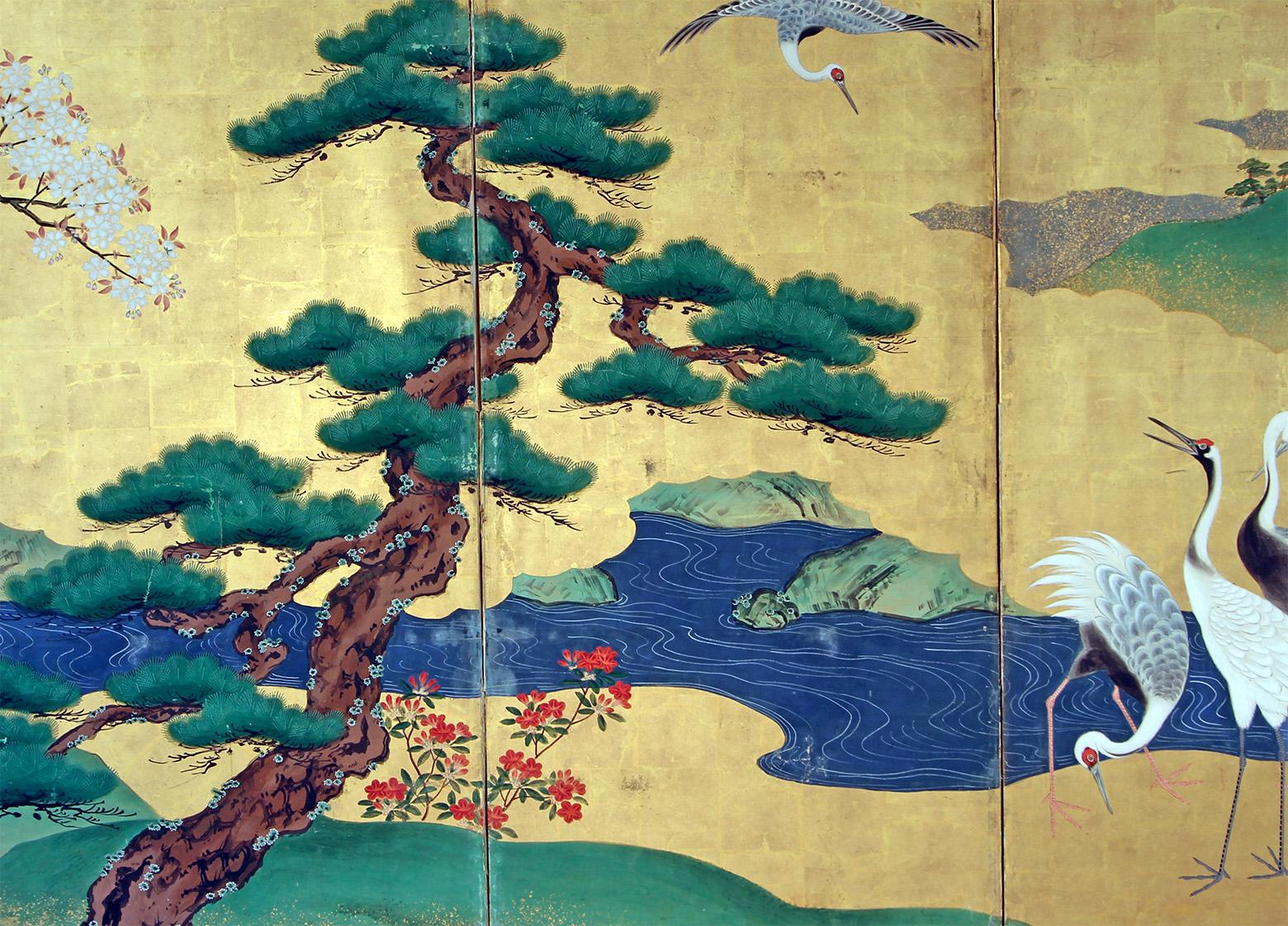 Japanischer klappbarer Raumteiler mit sechs Tafeln, gemalt auf Blattgold im Zustand „Gut“ im Angebot in Brescia, IT