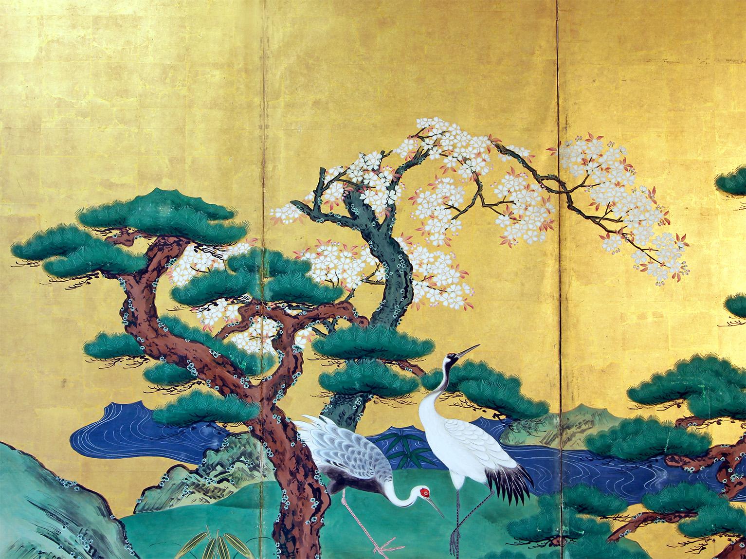 Japanischer klappbarer Raumteiler mit sechs Tafeln, gemalt auf Blattgold (19. Jahrhundert) im Angebot
