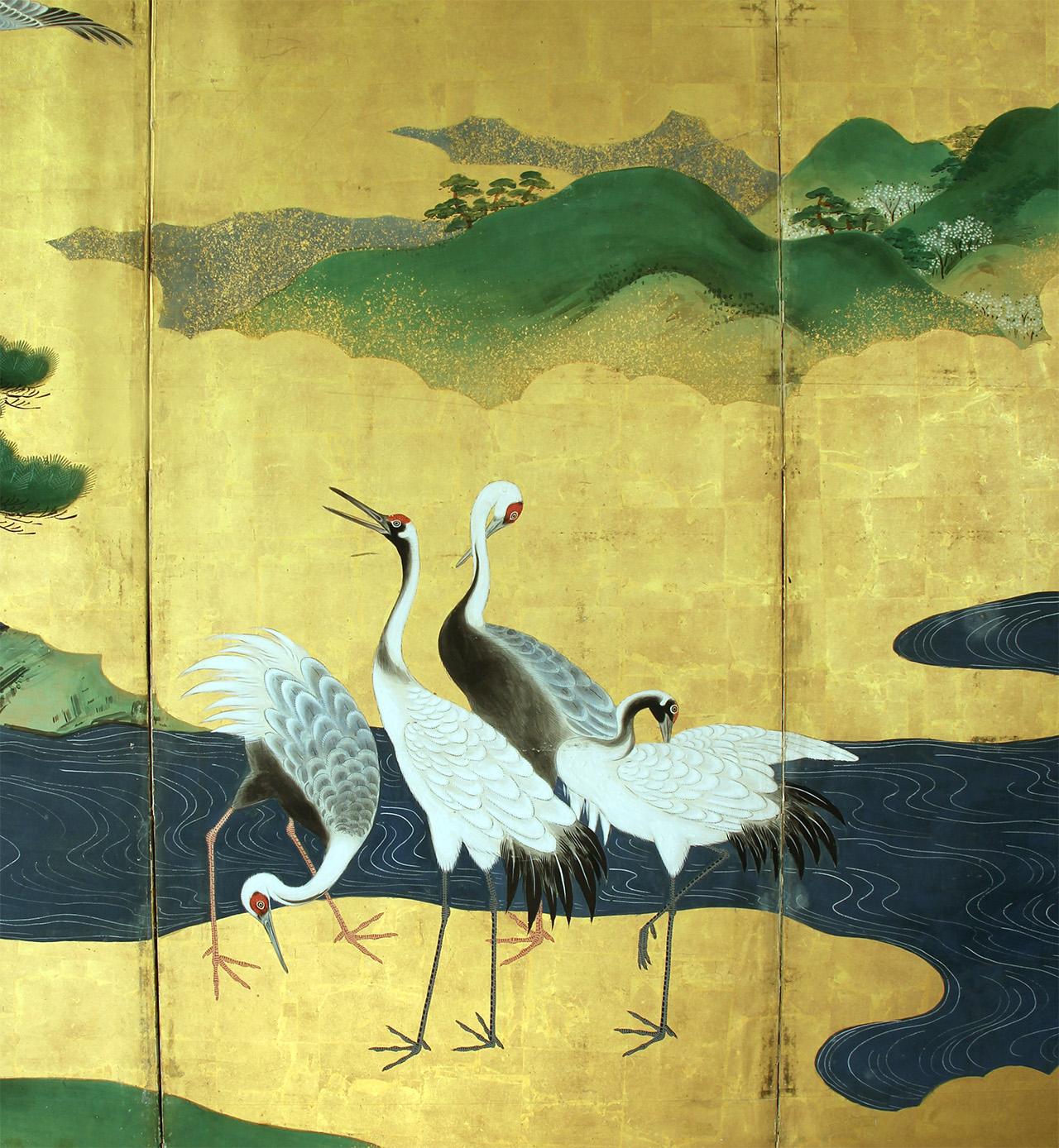 Japanese Folding Screen Six Panels Painted on Gold Leaf For Sale 1