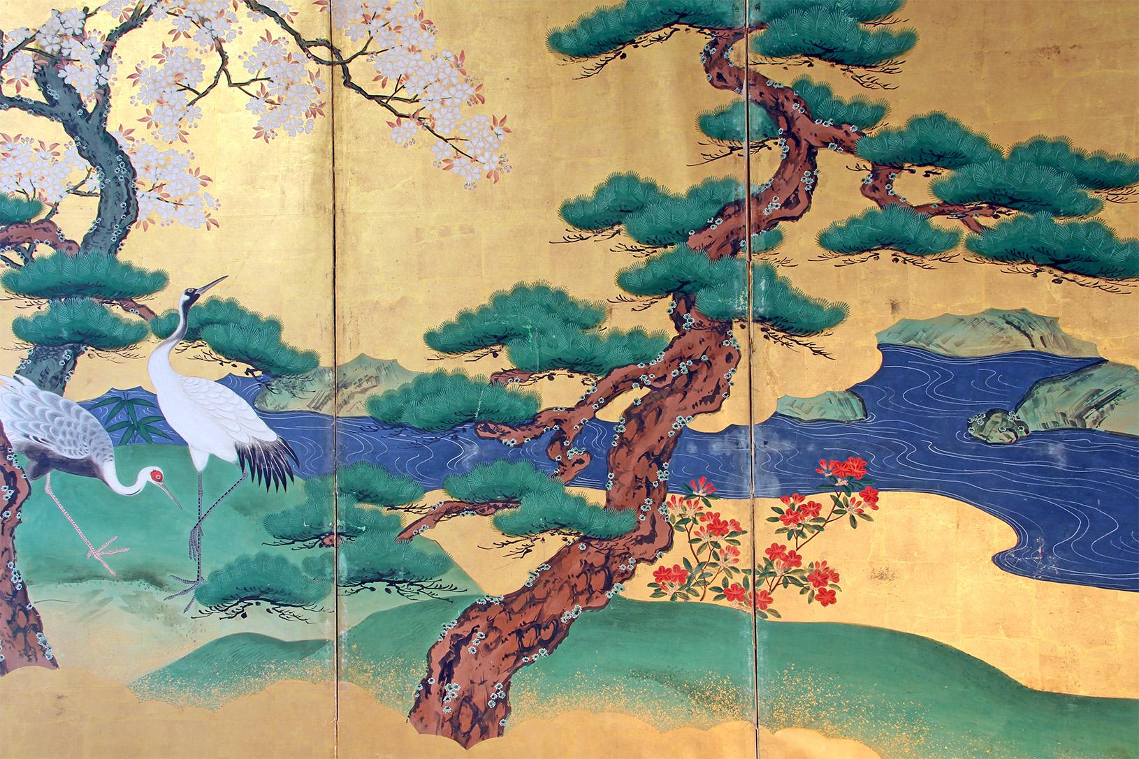 Japanese Folding Screen Six Panels Painted on Gold Leaf For Sale 2