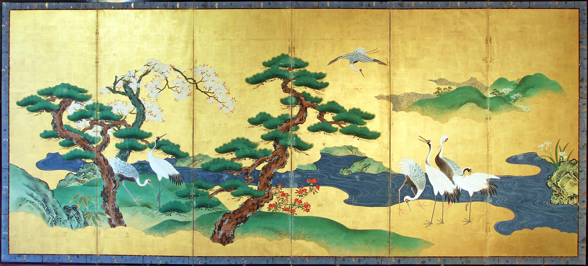 Japanese Folding Screen Six Panels Painted on Gold Leaf For Sale 3