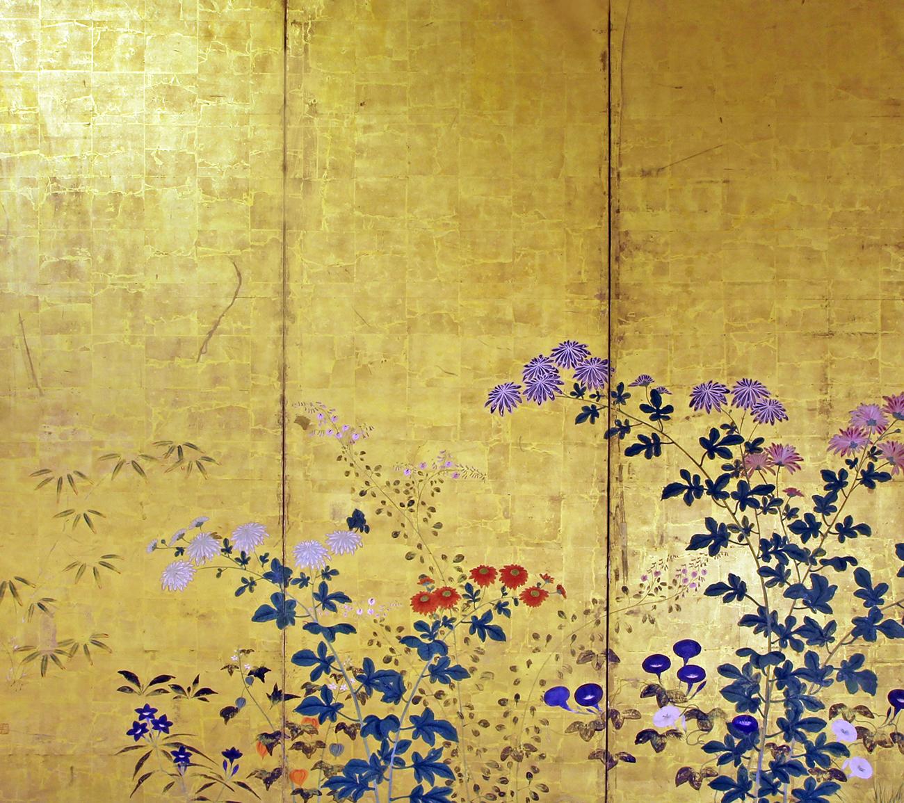 A light screen: a six-panel Japanese spring parade, painted with mineral pigment on gold leaf, with many polychrome flowers, a fine example of the 