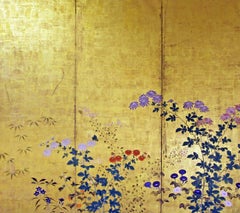 Japanese Folding Screen Six Panels Rinpa School on Gold Leaf