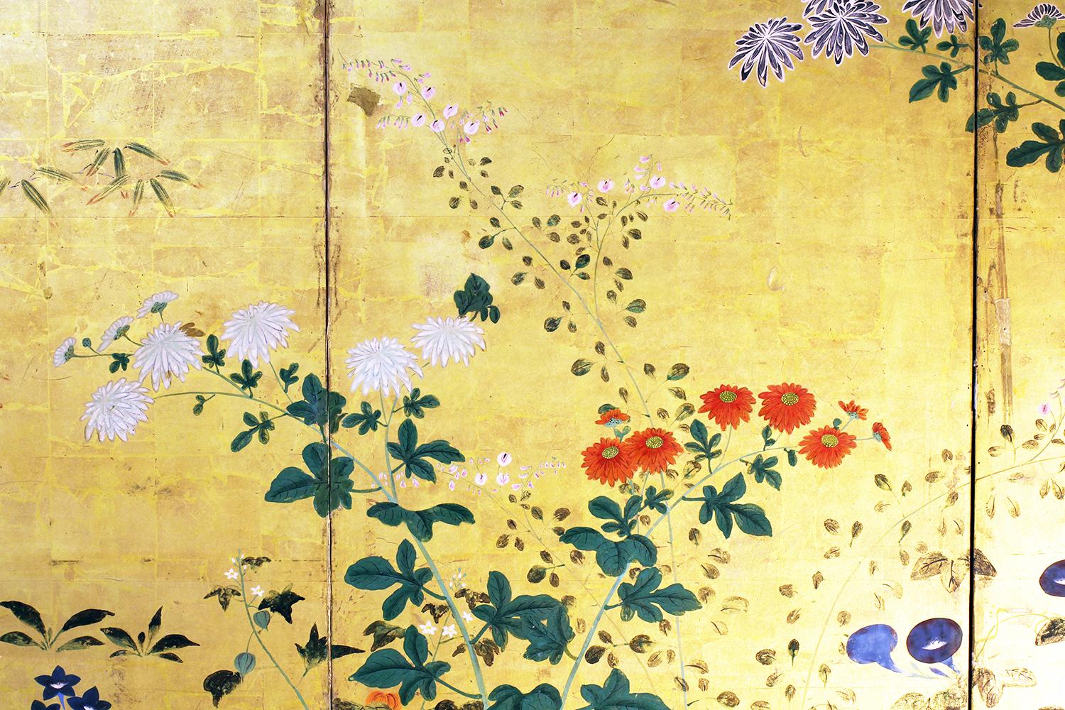 Edo Japanese Folding Screen Six Panels Rinpa School on Gold Leaf
