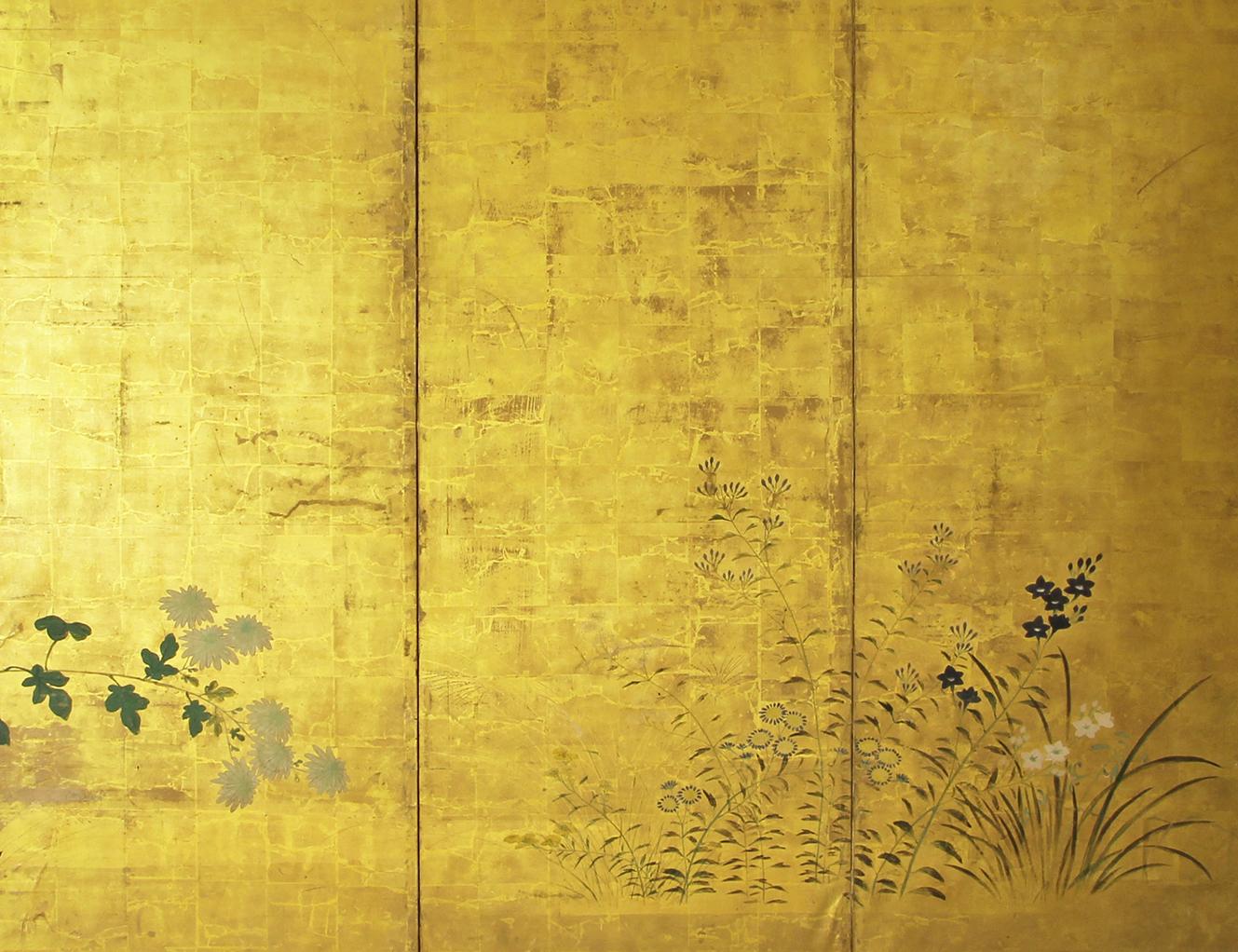Hand-Painted Japanese Folding Screen Six Panels Rinpa School on Gold Leaf