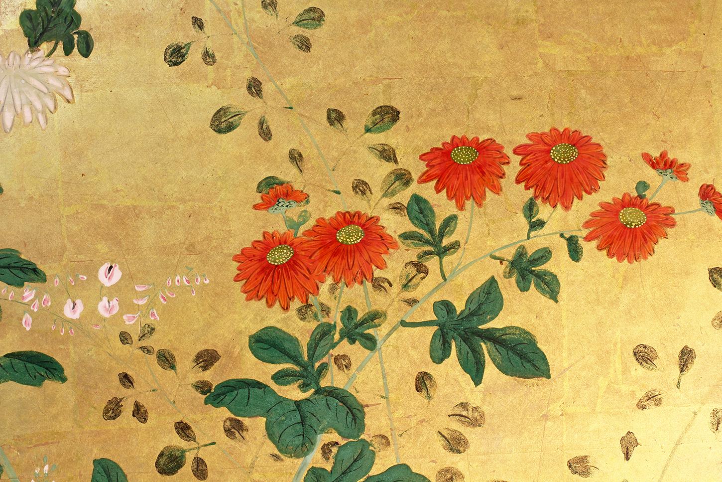 18th Century Japanese Folding Screen Six Panels Rinpa School on Gold Leaf
