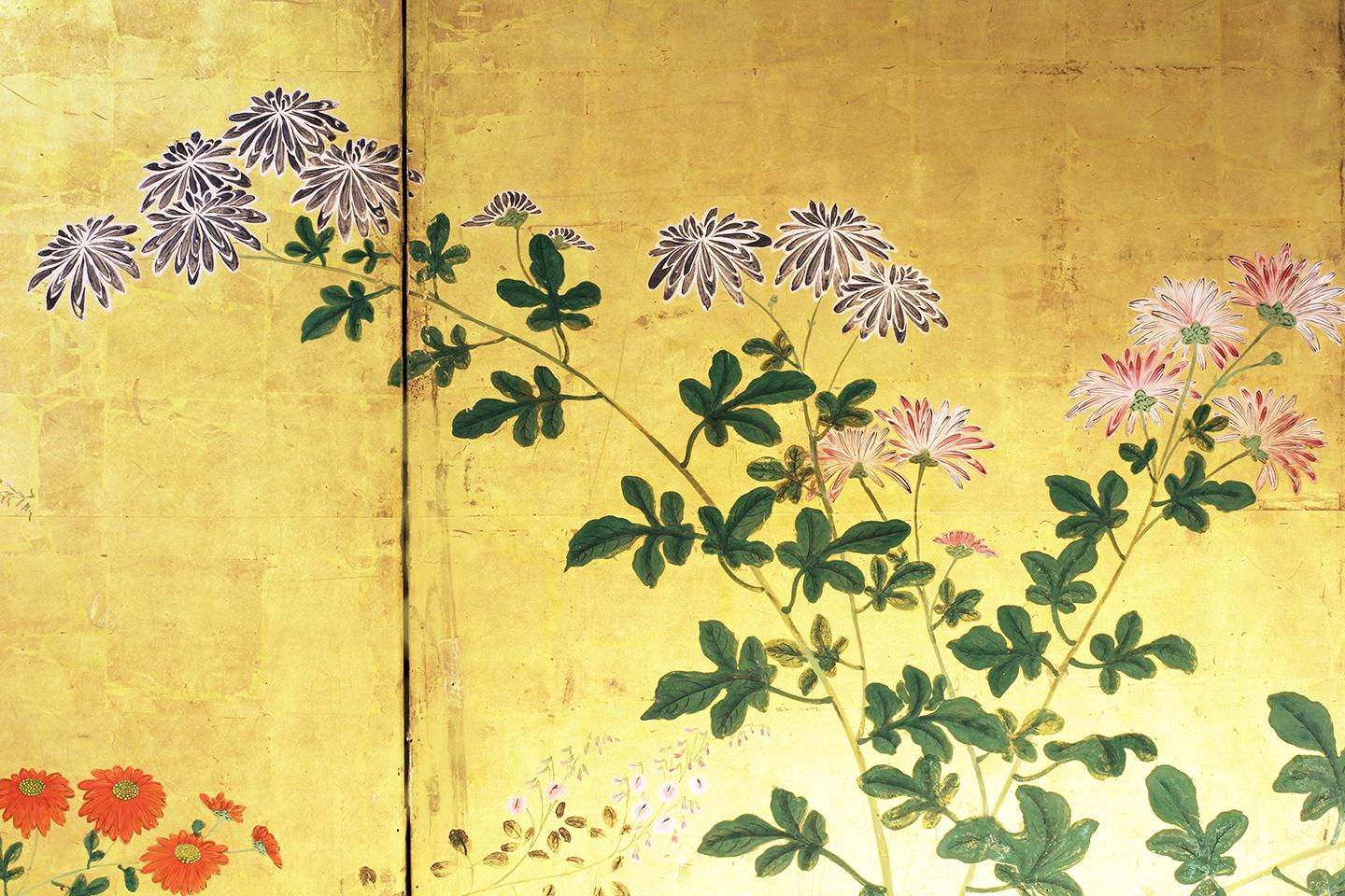 Japanese Folding Screen Six Panels Rinpa School on Gold Leaf 1