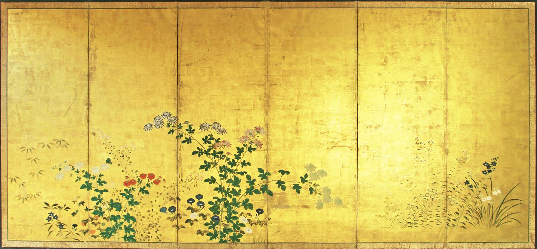 Japanese Folding Screen Six Panels Rinpa School on Gold Leaf 2