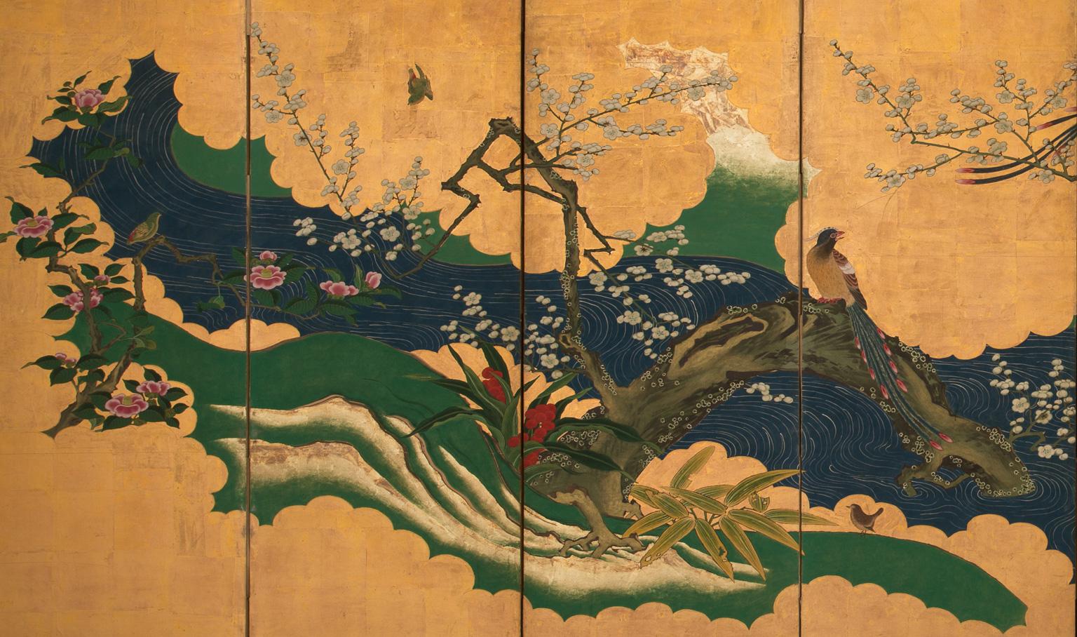The scene is dominated by a plum tree in bloom under which a couple of paradise birds is courting. The screen is crossed by a luxuriant creek, a typical feature of the springtime.
 