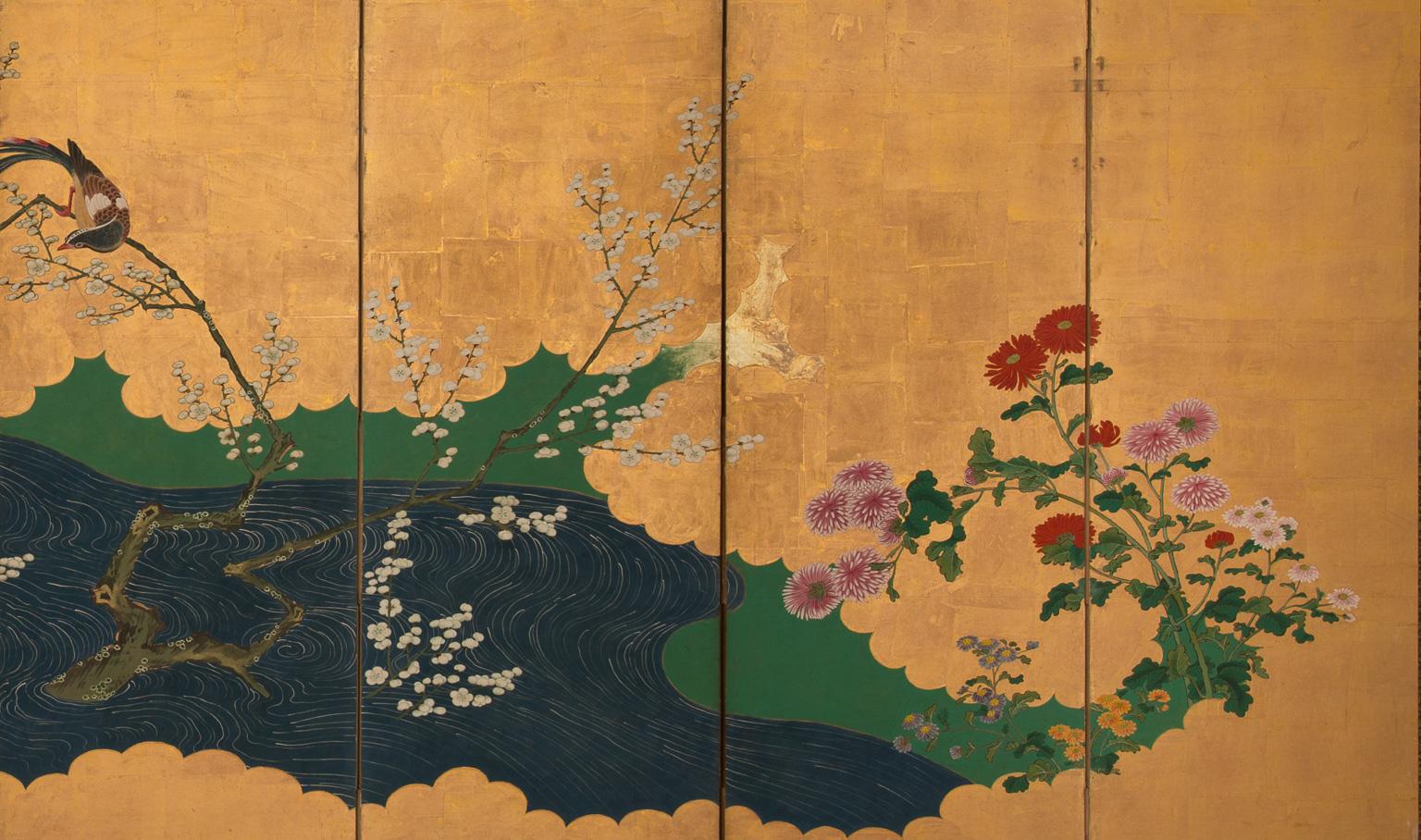 Painted Japanese Folding Screen with a Spring Landscape, Kano School, 19th Century For Sale