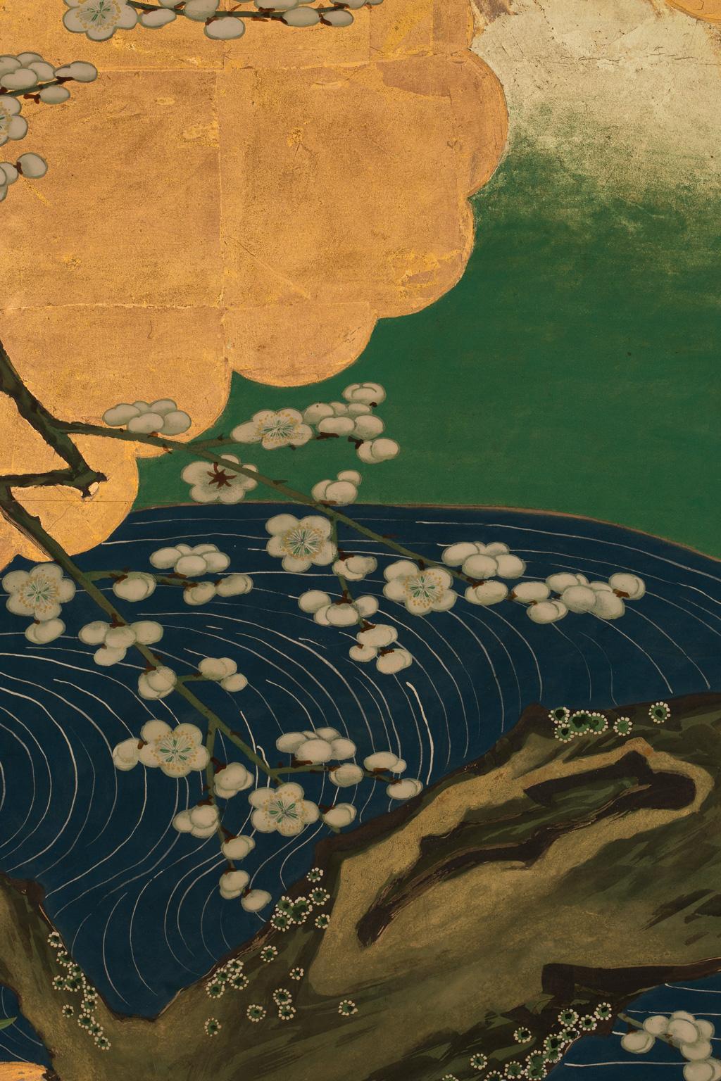 Japanischer klappbarer Raumteiler mit Frühlingslandschaft, Kano-Schule, 19. Jahrhundert (Papier) im Angebot