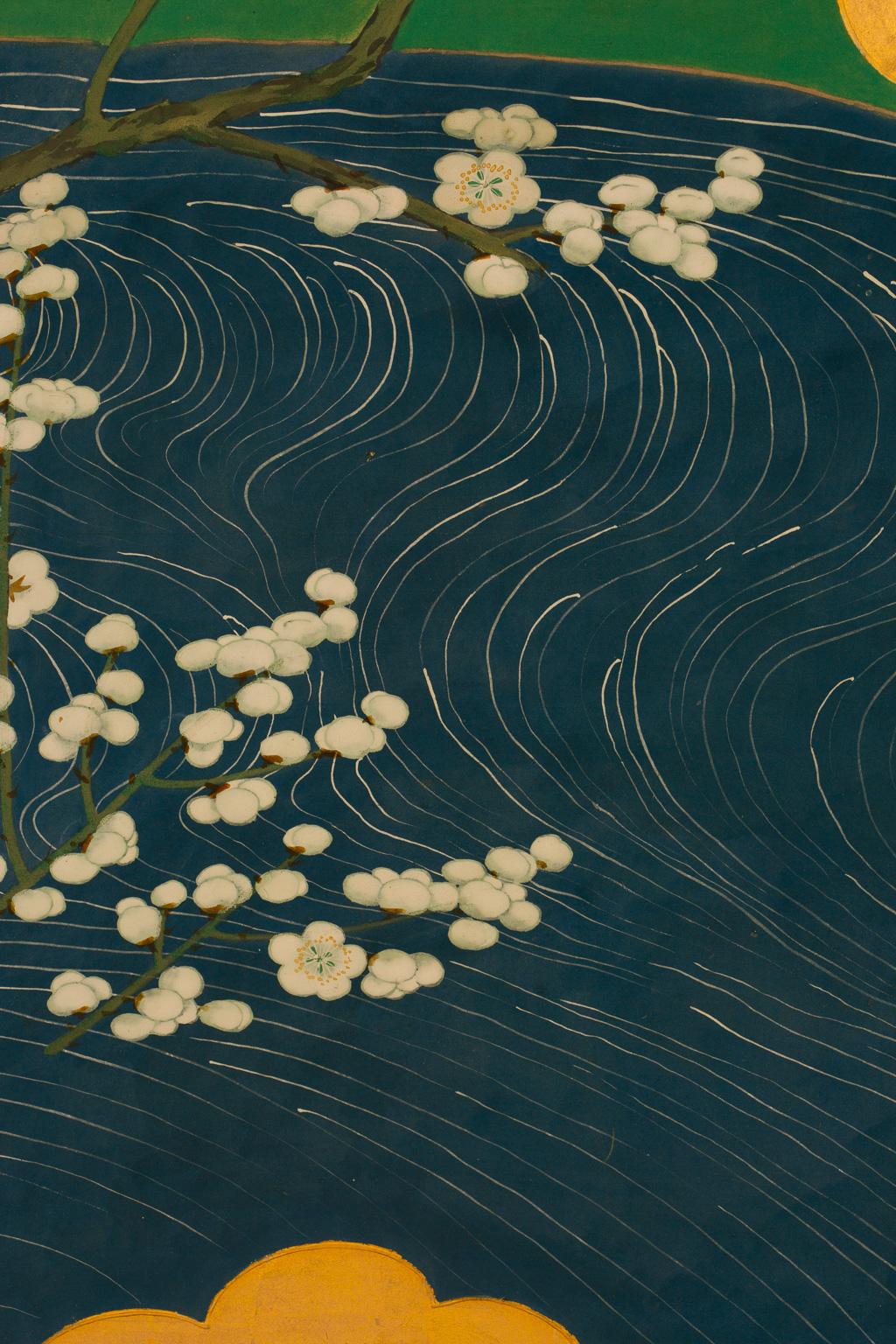 Japanischer klappbarer Raumteiler mit Frühlingslandschaft, Kano-Schule, 19. Jahrhundert im Angebot 1