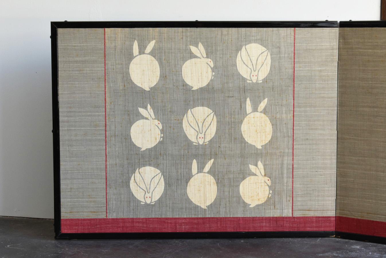 Dyed Japanese Folding Screen with Moon and Rabbit Drawn on Cloth/Old Partition/20th